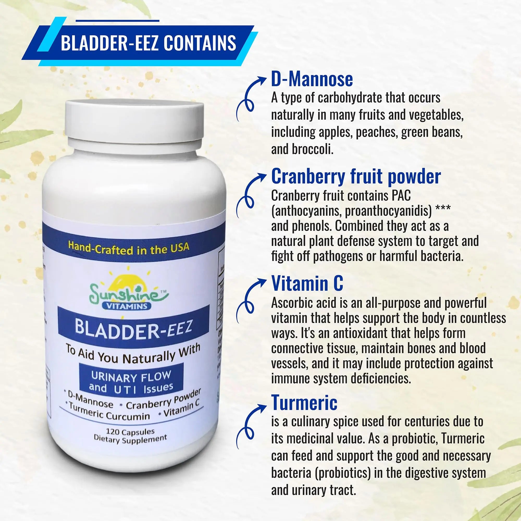 Sunshine Vitamins Bladder-EEZ | All-Natural Bladder Infection UTI Relief Support for Women with D-Mannose | Urinary Tract Infection Health with Immune System Support (1 Bottle of 120 Capsules) Sunshine VitaminsAu supplements