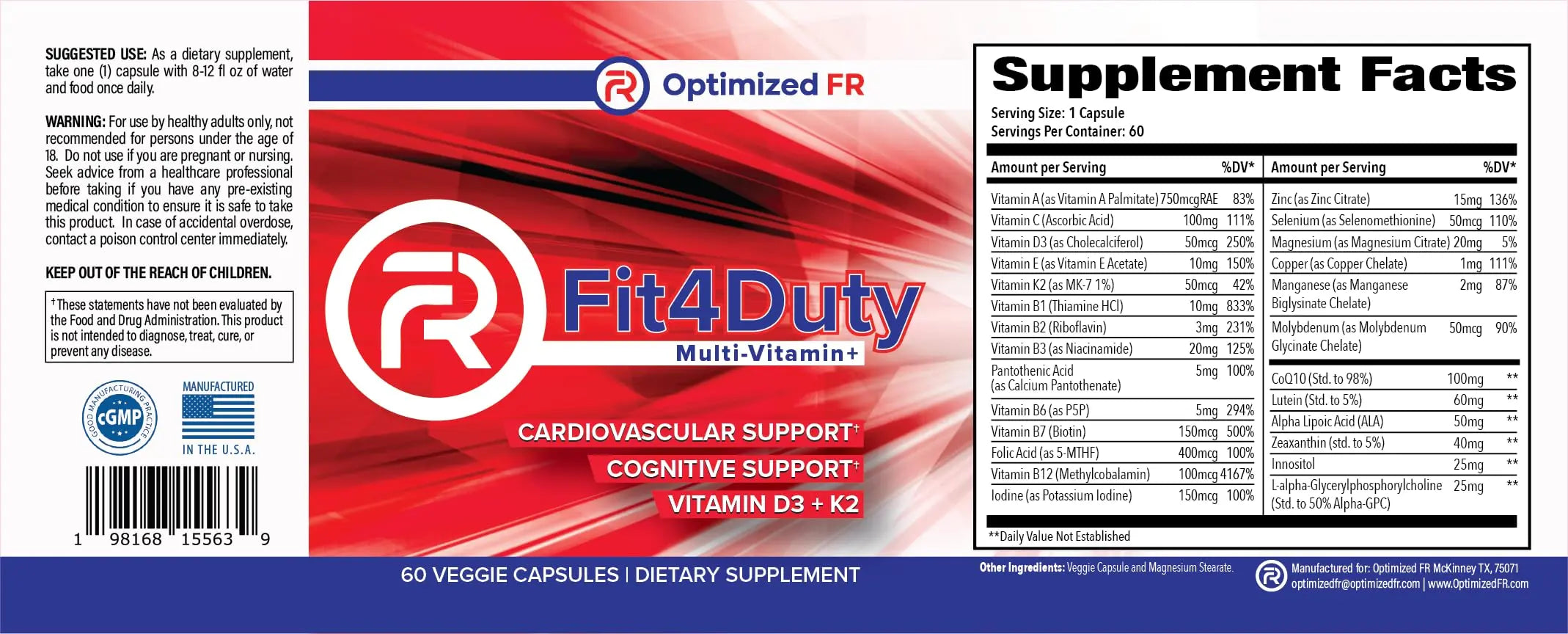 Fit4Duty Multivitamin+ for First Responders, One a Day Multivitamin Plus Other nutrients, 60 Servings, 2 Month Supply Optimized FRAu supplements