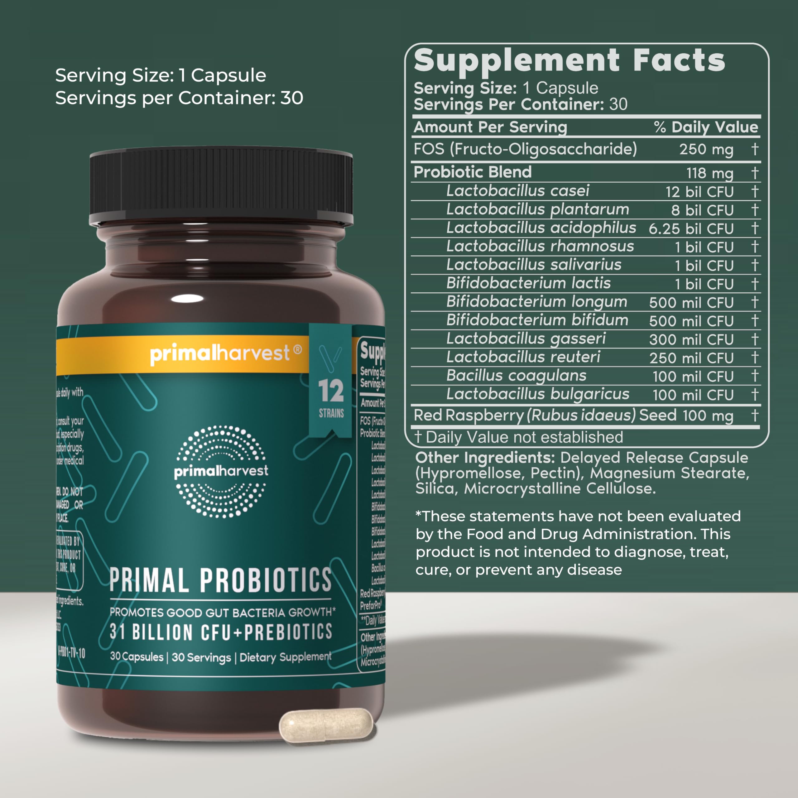 Primal Harvest Probiotics for Women & Men Daily Probiotic Supplement with 12 Strains for Gut & Digestive Health 30 Capsules Primal HarvestAu supplements