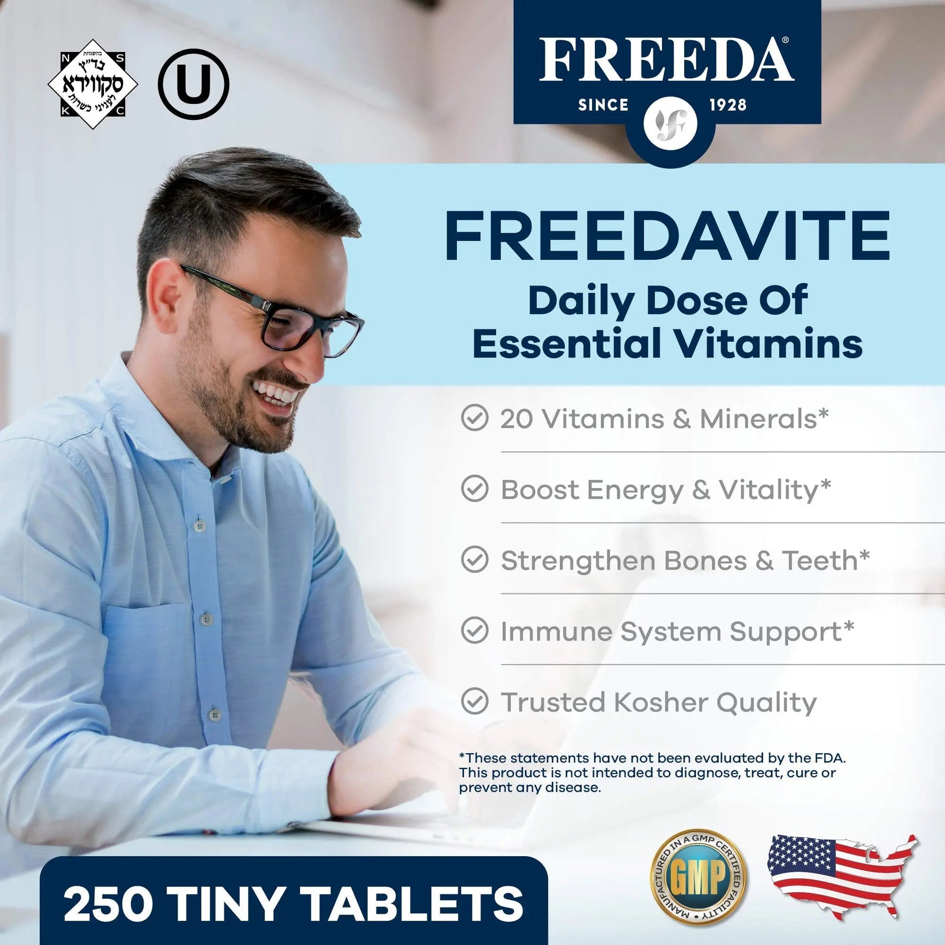 Freedavite Tiny Tablet - Moderate Multivitamin for Men and Women - Pure Vitamin A, C, D, E, B1, B2, B6, B12, Biotin, Calcium, Zinc, Iron, Magnesium FREEDAAu supplements