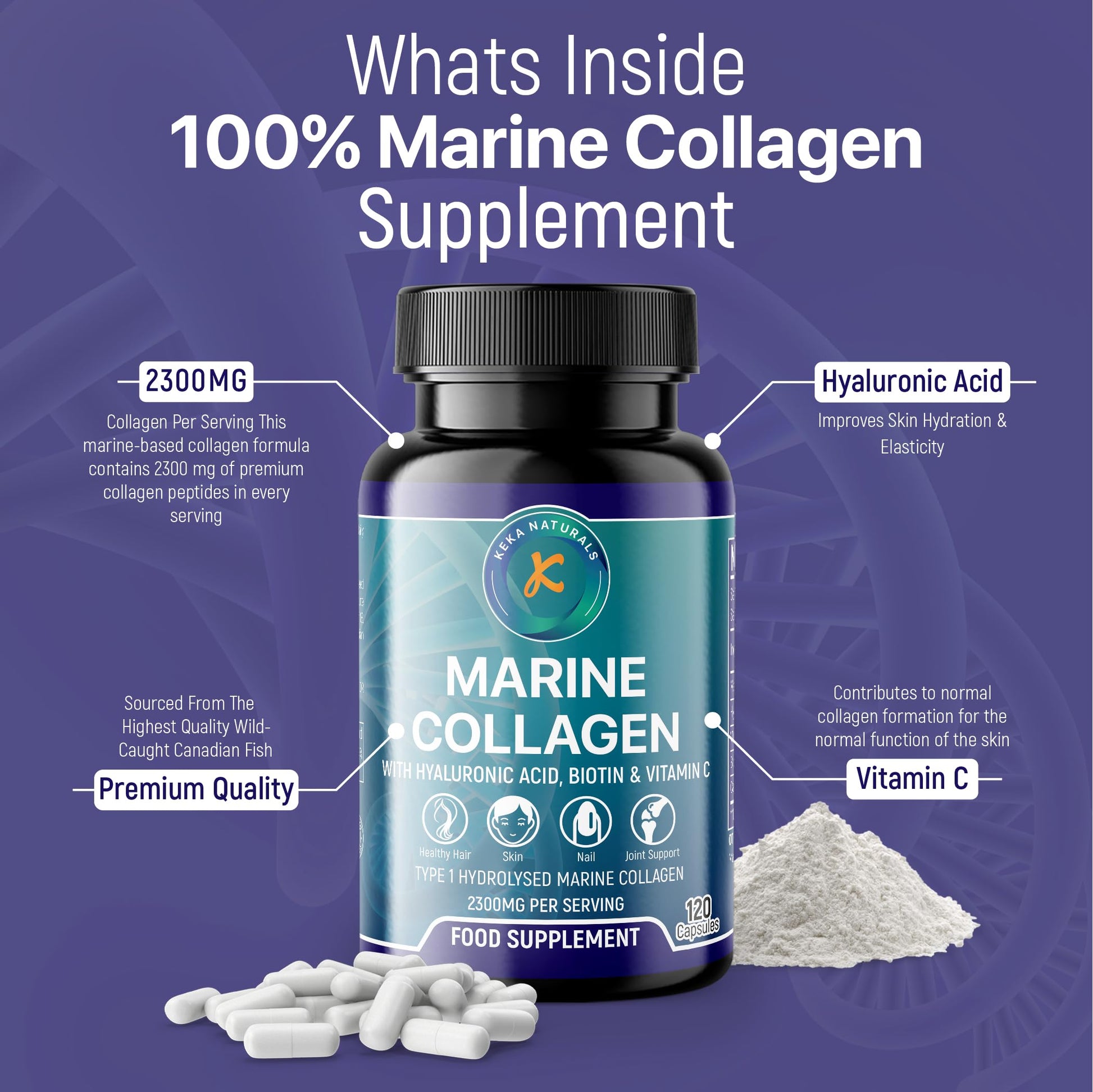 Hydrolysed Marine Collagen Peptides 2300mg - Enhanced with Hyaluronic Acid & Vitamin C Keka NaturalsAu supplements