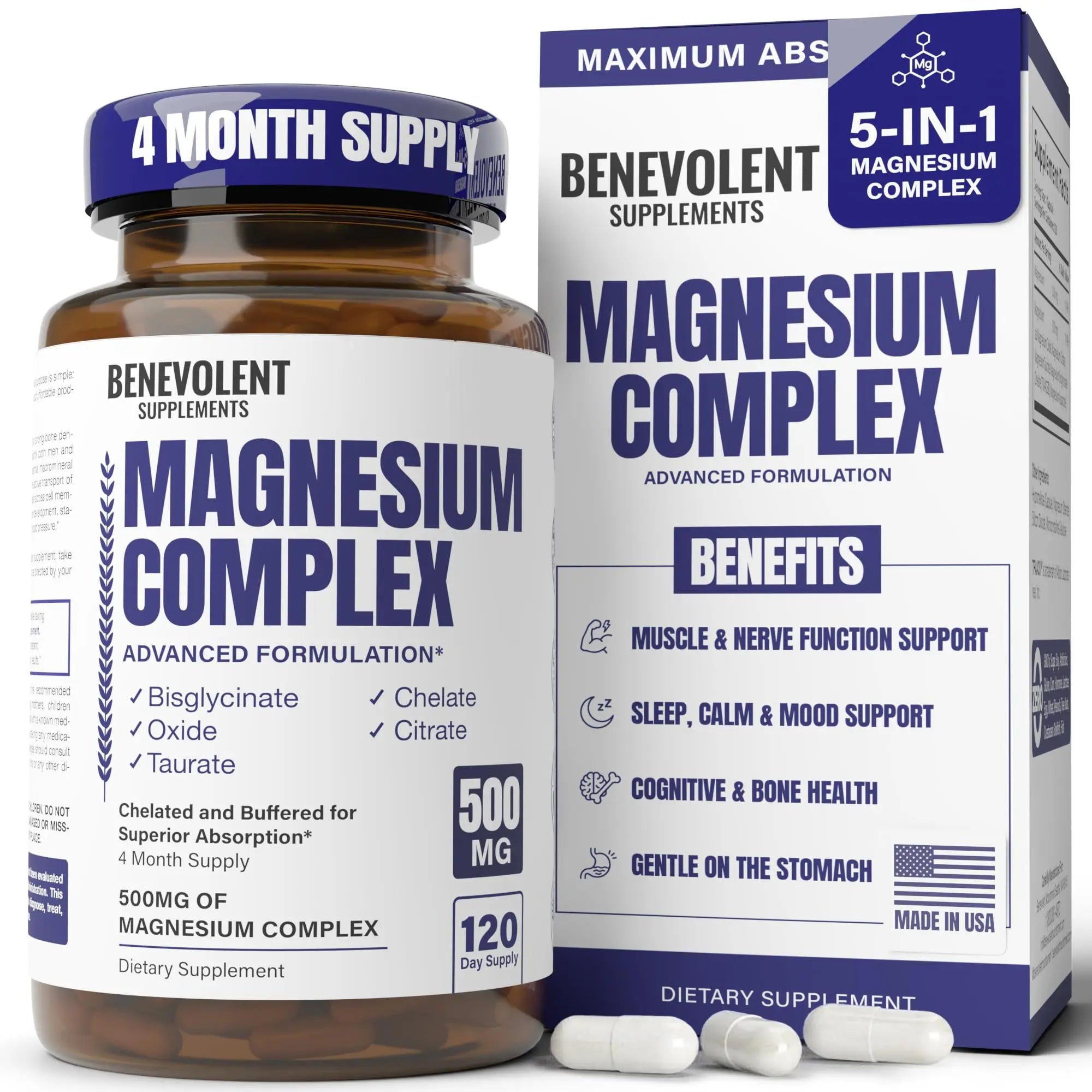 Magnesium Complex Supplement, 4 Month Supply of 500mg 5-in-1 Bisglycinate, Oxide, Taurate, Aspartate, Citrate, Max Absorption Magnesium Supplement for Calm, Sleep & Leg Cramps, 120 Capsule Benevolent NourishmentAu supplements