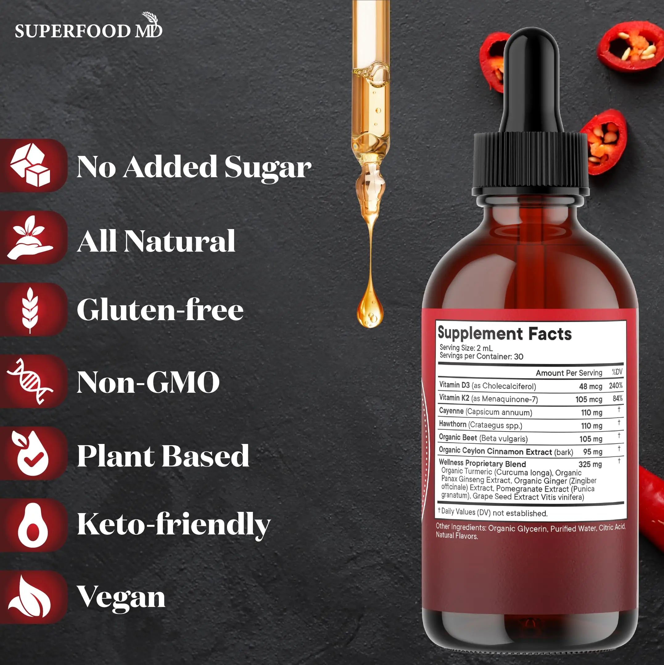 Cayenne Pepper Supplement Liquid Drops + Hawthorn Berry, Vitamin D3 K2 Beet Root Powder, Ceylon Cinnamon, Turmeric Curcumin, Organic Panax Ginseng - 4 OZ Superfood MDnz supplements