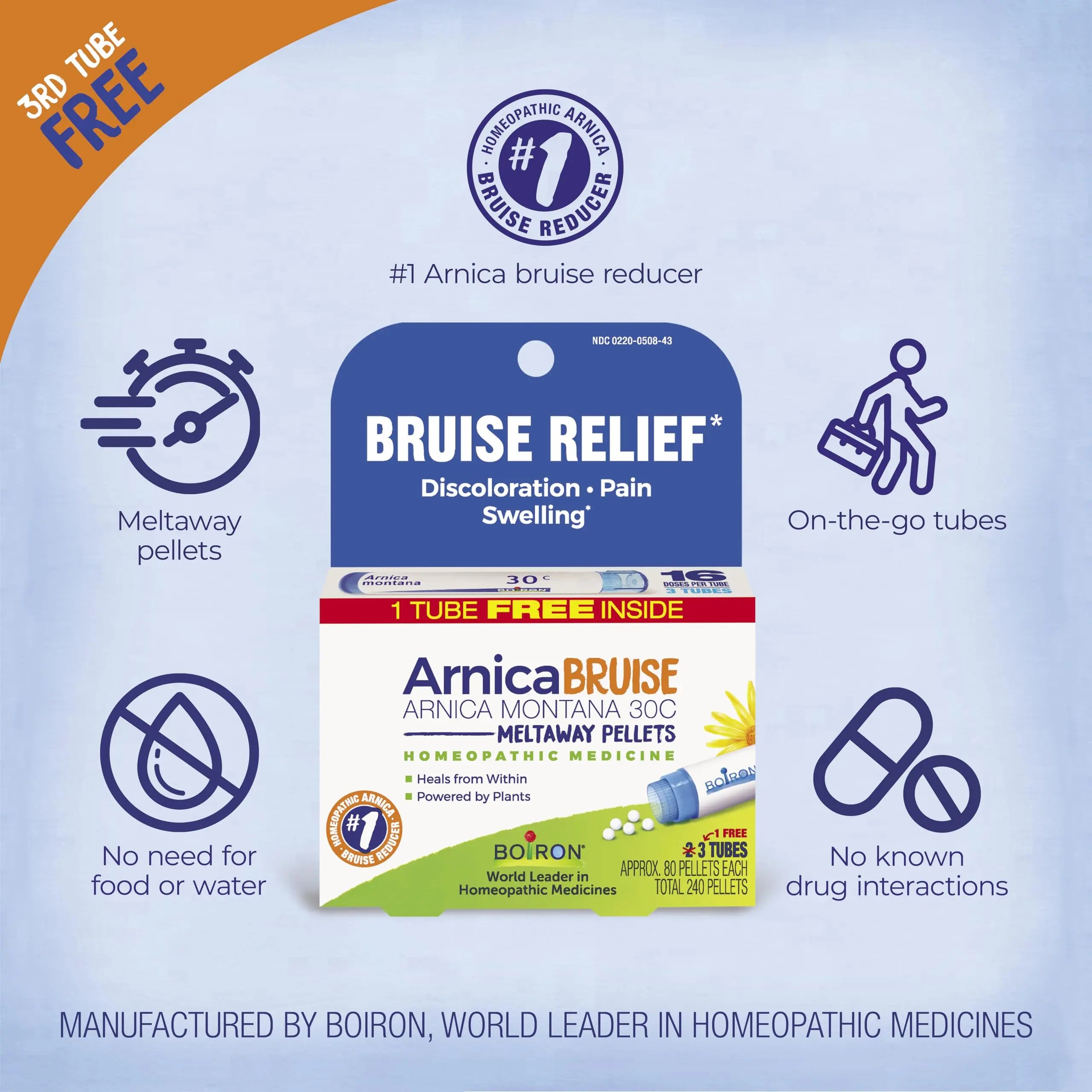 Boiron Arnica Bruise - Arnica Montana 30c for Relief of Pain, Swelling, and Discoloration from Bruises - 3 Count (240 Pellets) BoironAu supplements