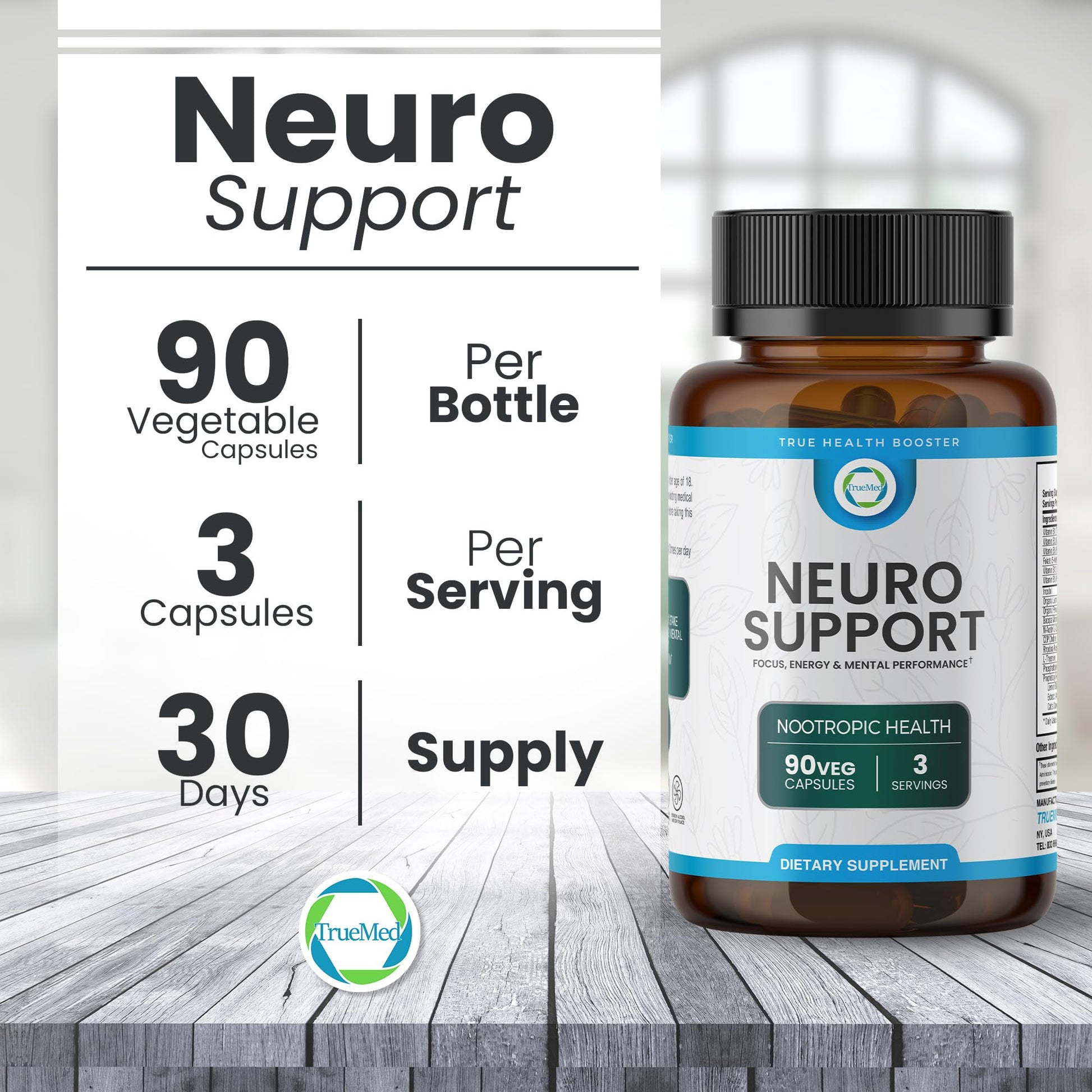 TrueMed Neuro Support - Premium Nootropic Supplement for Focus, Energy, Mental Clarity, and Performance Organic Lion’s Mane, Bacopa Monnieri, Rhodiola, Non-GMO Gluten-Free CDP Choline 90 Veg Capsules TRUEMEDAu supplements