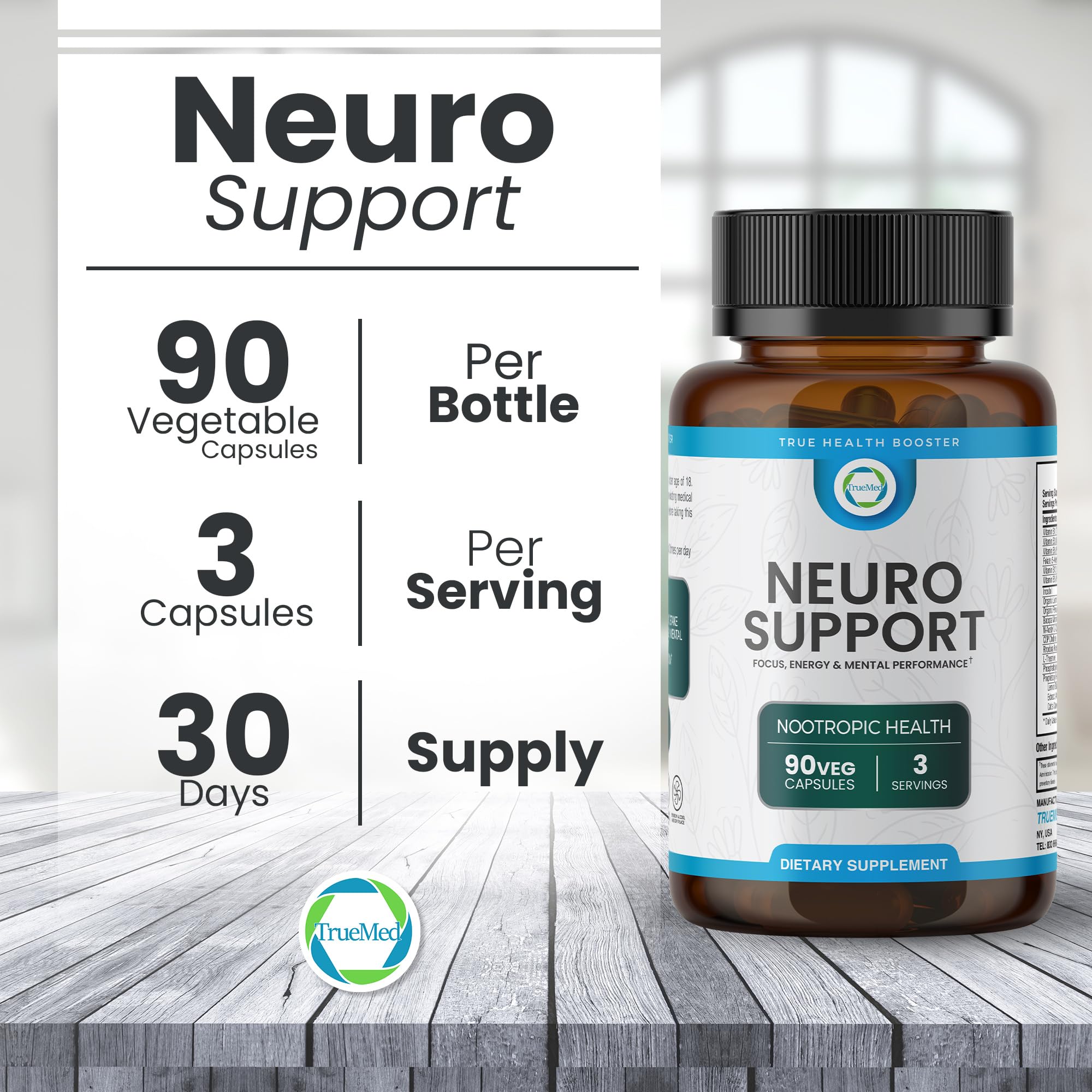 TrueMed Neuro Support - Premium Nootropic Supplement for Focus, Energy, Mental Clarity, and Performance Organic Lion’s Mane, Bacopa Monnieri, Rhodiola, Non-GMO Gluten-Free CDP Choline 90 Veg Capsules TRUEMEDAu supplements