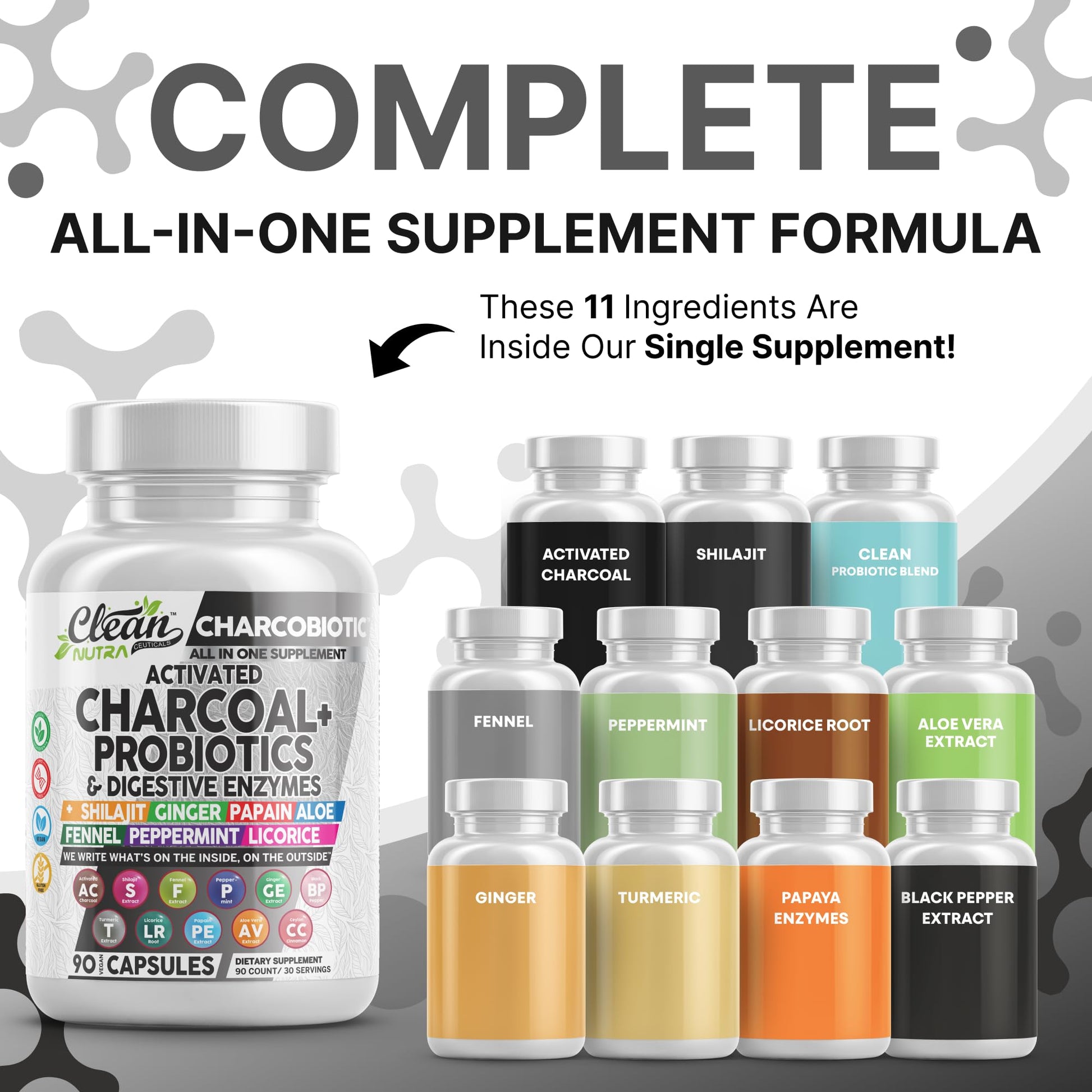 Clean Nutra Activated Charcoal Pills + Shilajit Probiotic Digestive Enzymes for Digestive Health Capsules with Peppermint Fennel Licorice Papain Ginger Turmeric Powder | Gut Health Clean NutraceuticalsAu supplements
