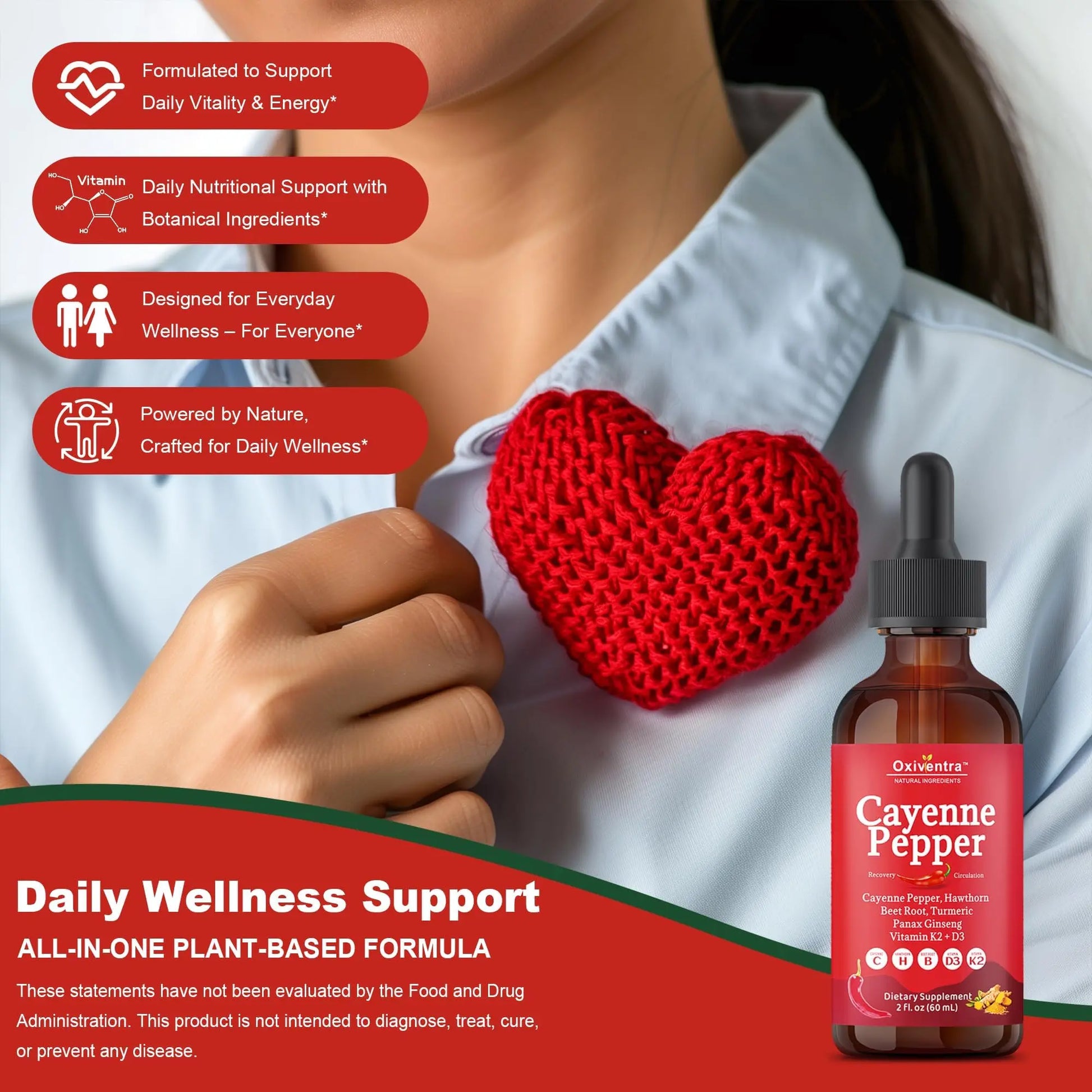 Cayenne Pepper Drops Liquid Supplement Smooth & Sweet Herbal Liquid + Hawthorn Berry, Vitamin D3 K2 Beet Root Powder, Ceylon Cinnamon, Turmeric Curcumin, Organic Panax Ginseng - 2fl oz Oxiventranz supplements
