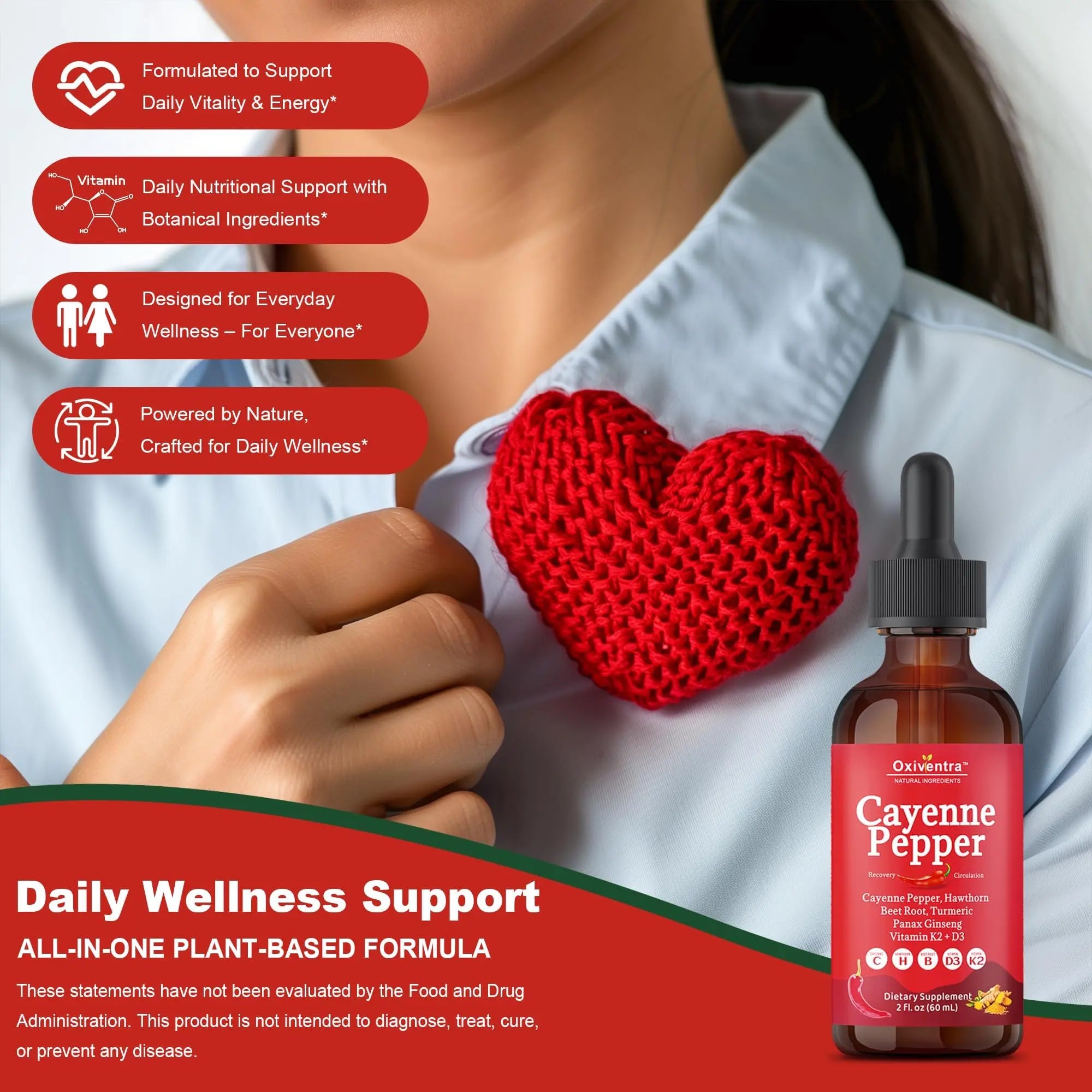 Cayenne Pepper Drops Liquid Supplement Smooth & Sweet Herbal Liquid + Hawthorn Berry, Vitamin D3 K2 Beet Root Powder, Ceylon Cinnamon, Turmeric Curcumin, Organic Panax Ginseng - 2fl oz Oxiventranz supplements
