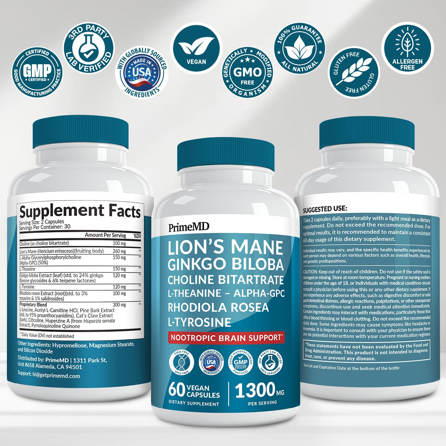14-in-1 Lions Mane Supplement Capsules - Nootropic Brain Supplement with Ginkgo Biloba for Brain Support, Memory and Focus - Alpha GPC, L Theanine & Choline Supplements with 1300mg Per Serving (60 ct) PrimeMDAu supplements