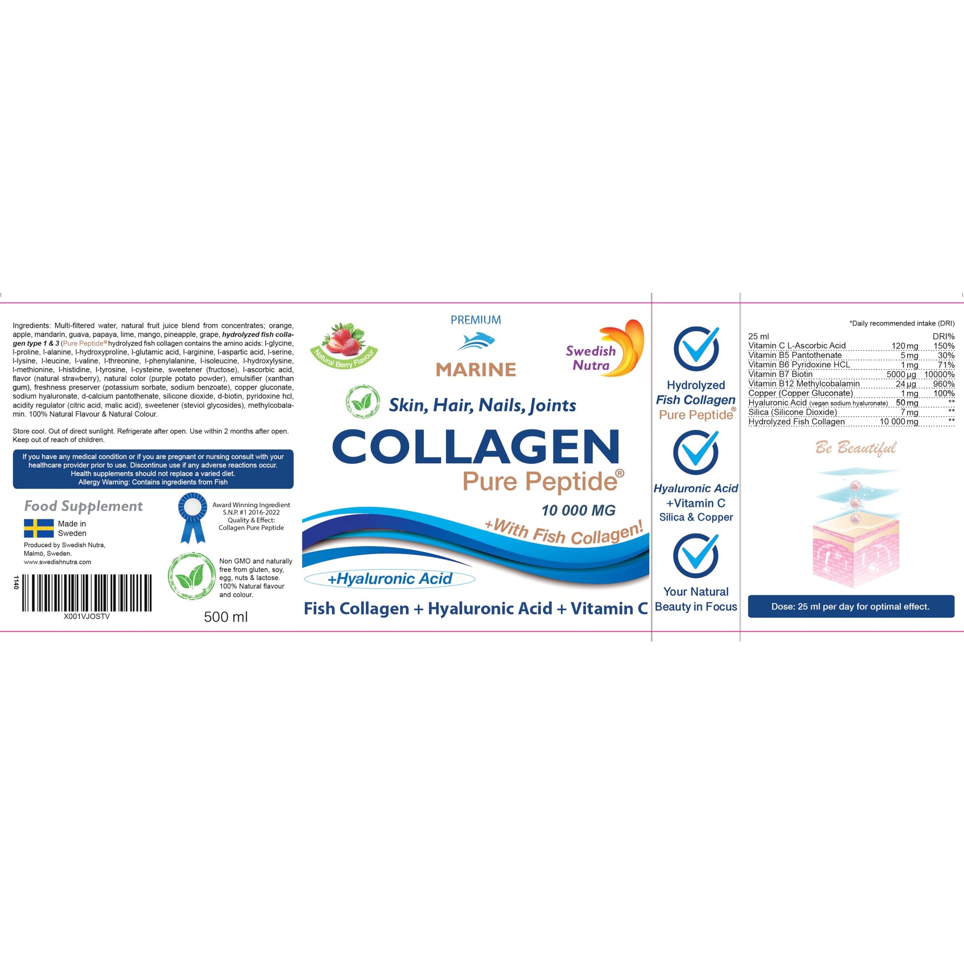 Marine Liquid Collagen 10000mg 500 ml I Pure Hydrolyzed Collagen Peptides Swedish NutraAu supplements