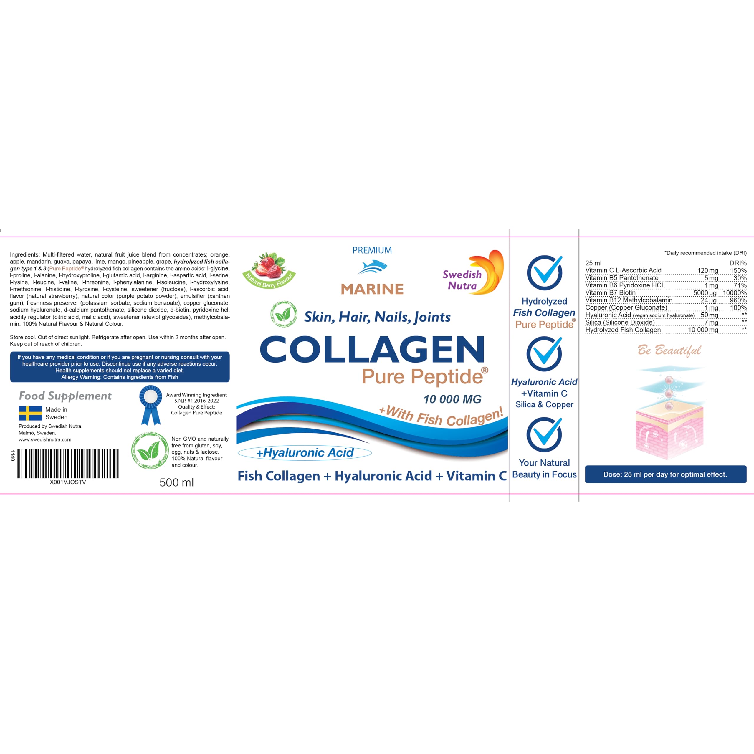 Marine Liquid Collagen 10000mg 500 ml I Pure Hydrolyzed Collagen Peptides Swedish NutraAu supplements