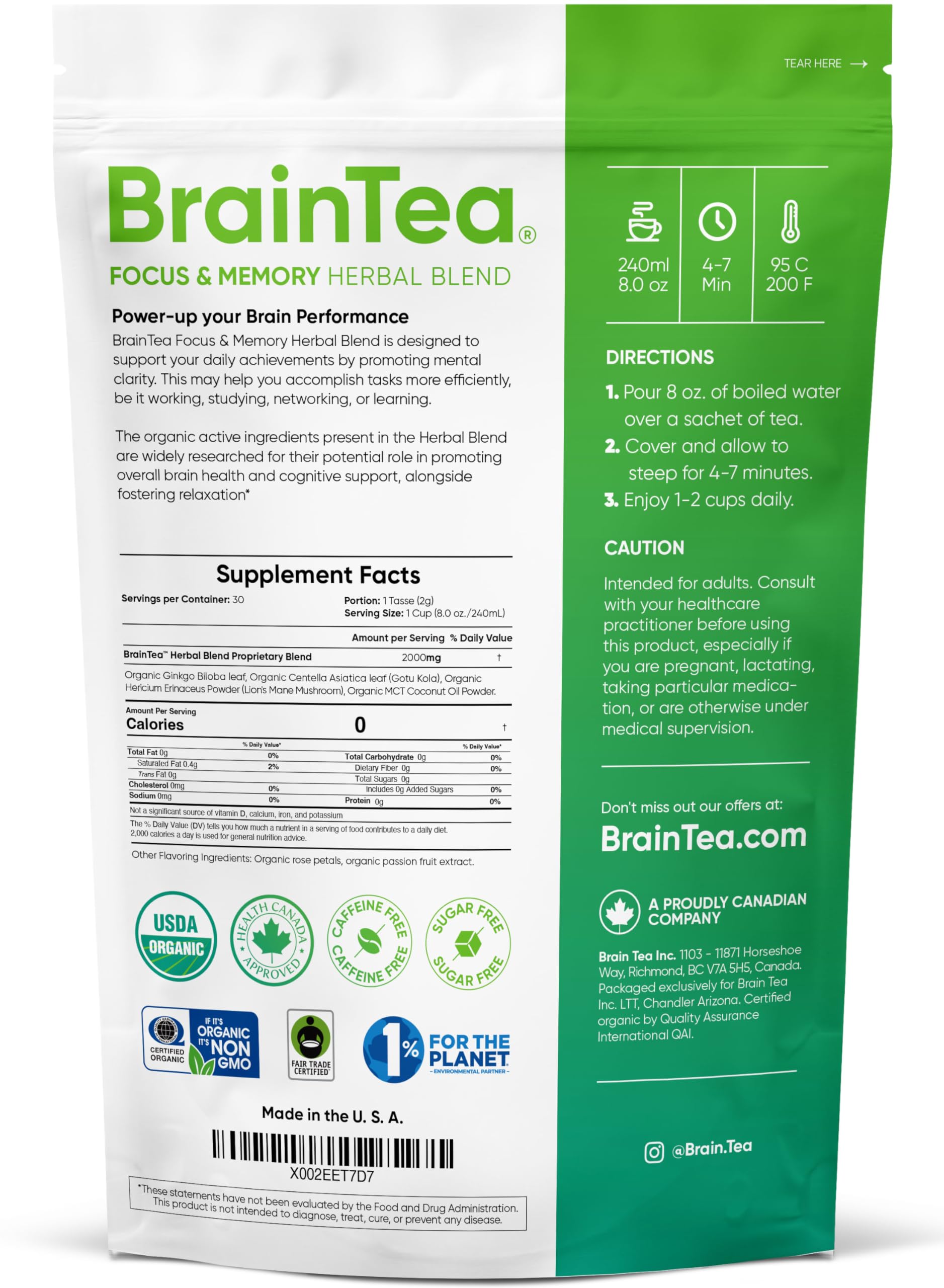 Brain Tea Focus & Memory - Brain Tea Organic Certified 4-in-1 Nootropic Herbal Supplement with Ginkgo Biloba, Gotu Kola, Lion’s Mane Mushroom, MCT Caffeine-Free for Mental Clarity (30 Sachets) Brain TeaAu supplements