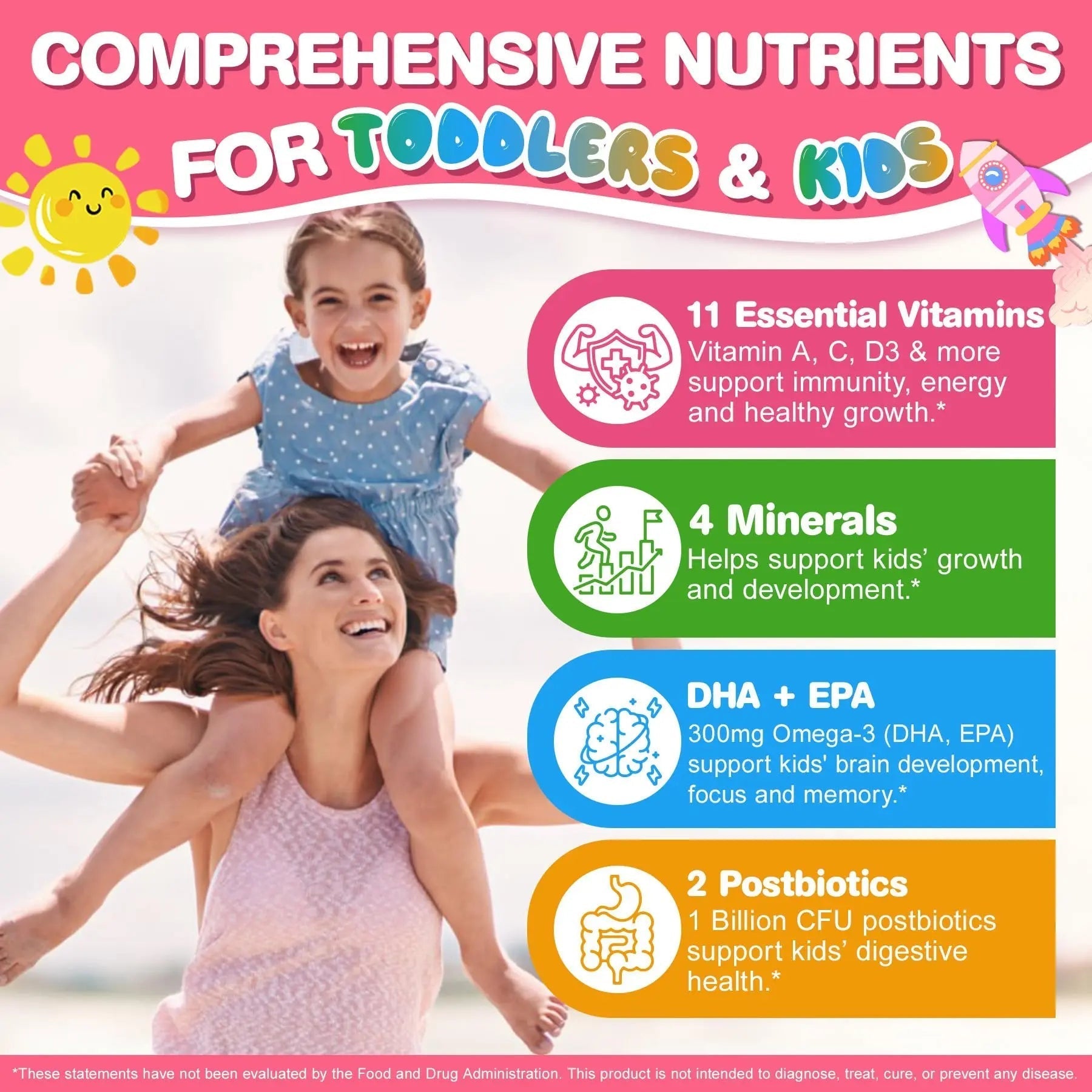 Organic Toddler Multivitamin Gummies + Omega-3 (DHA/EPA), Postbiotics | kids 2+ multivitamin | Vitamins A C D3 Methyl B12 Folate Zinc EnvyCureAu supplements