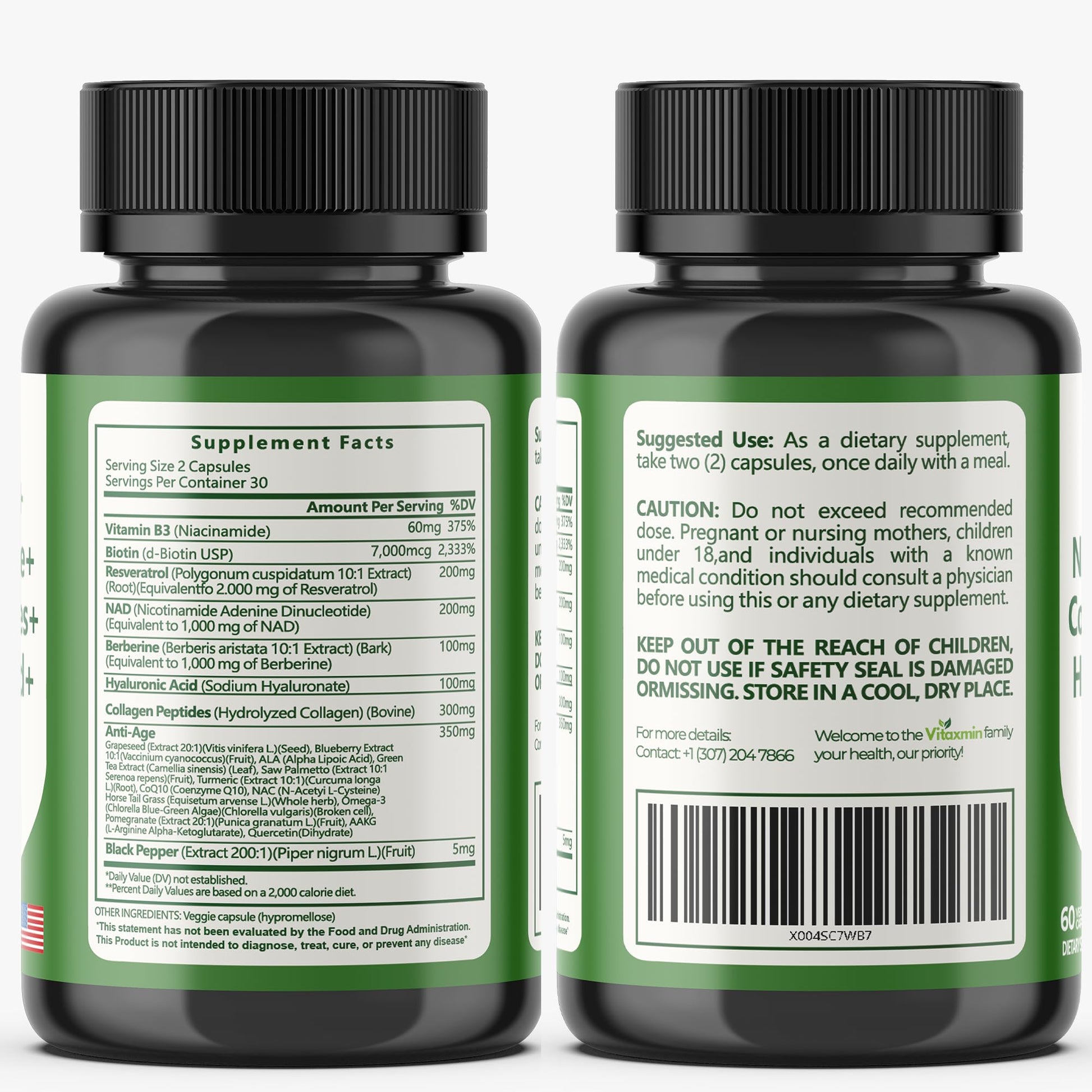 vitaxmin NAD Resveratrol Supplement 200mg with Berberine NAC Collagen - Nicotinamide Riboside NMN NADH CoQ10 Biotin Hyaluronic Acid - Hair Skin Nails Supplement - 60 Capsules vitaxminAu supplements