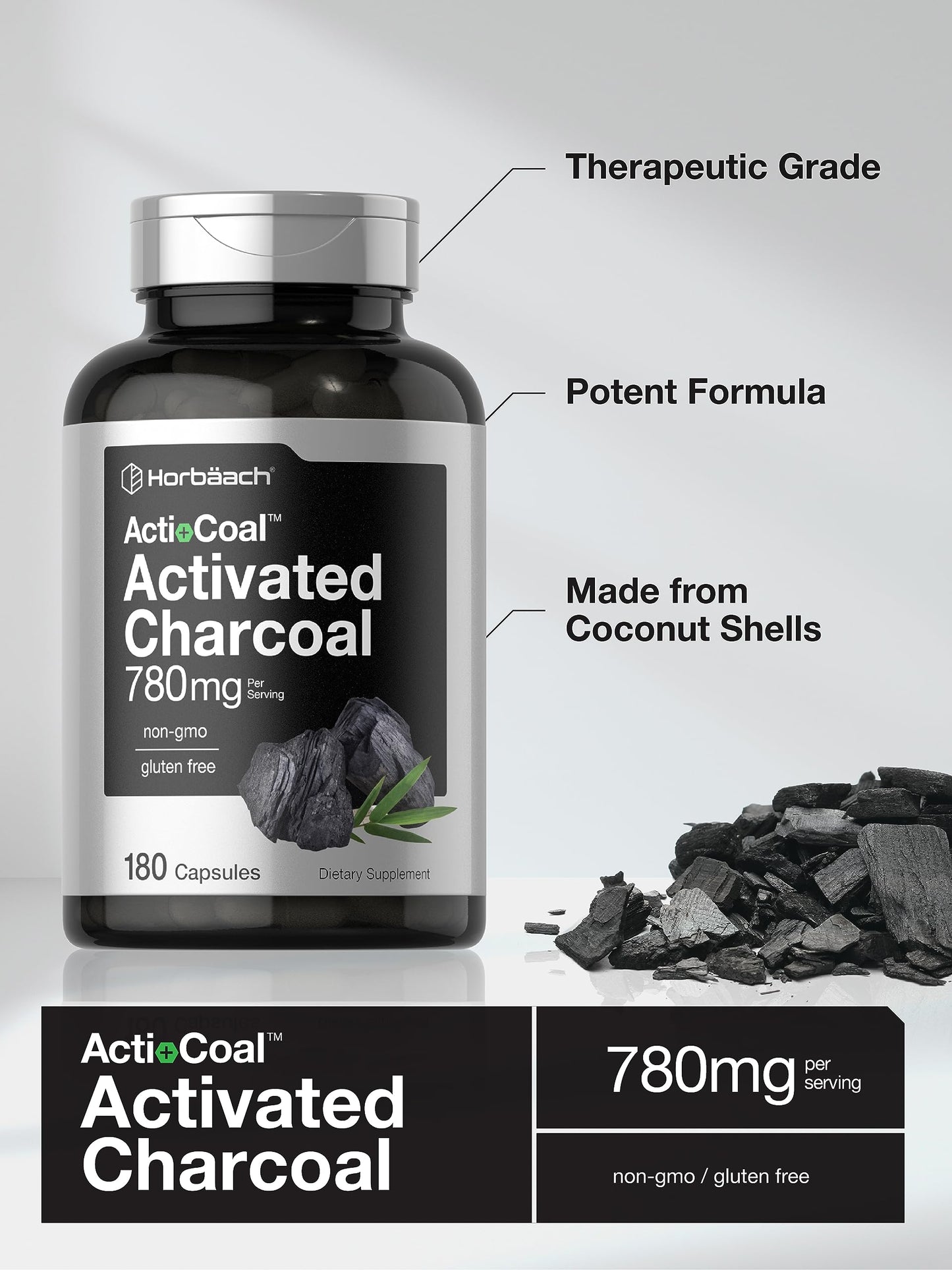 Charcoal Pills 780mg | 180 Capsules | Activated Charcoal from Coconut Shells | Non-GMO HorbäachUS supplements