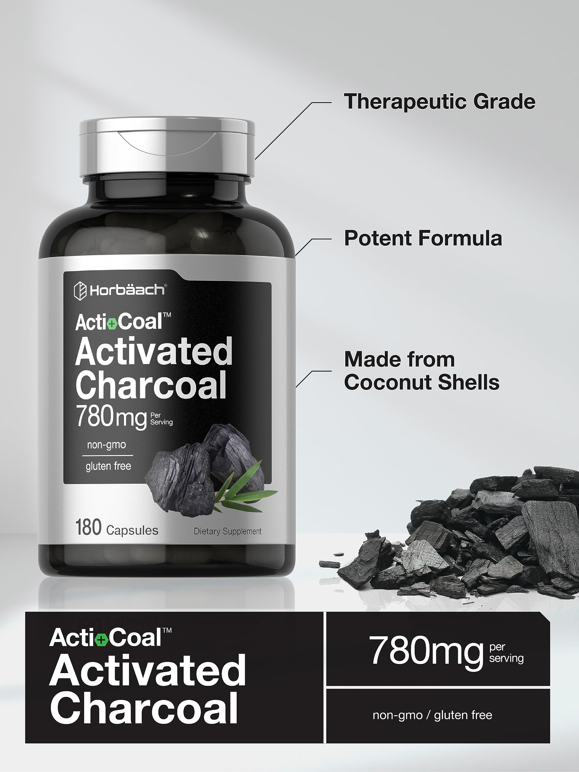 Charcoal Pills 780mg | 180 Capsules | Activated Charcoal from Coconut Shells | Non-GMO HorbäachAu supplements