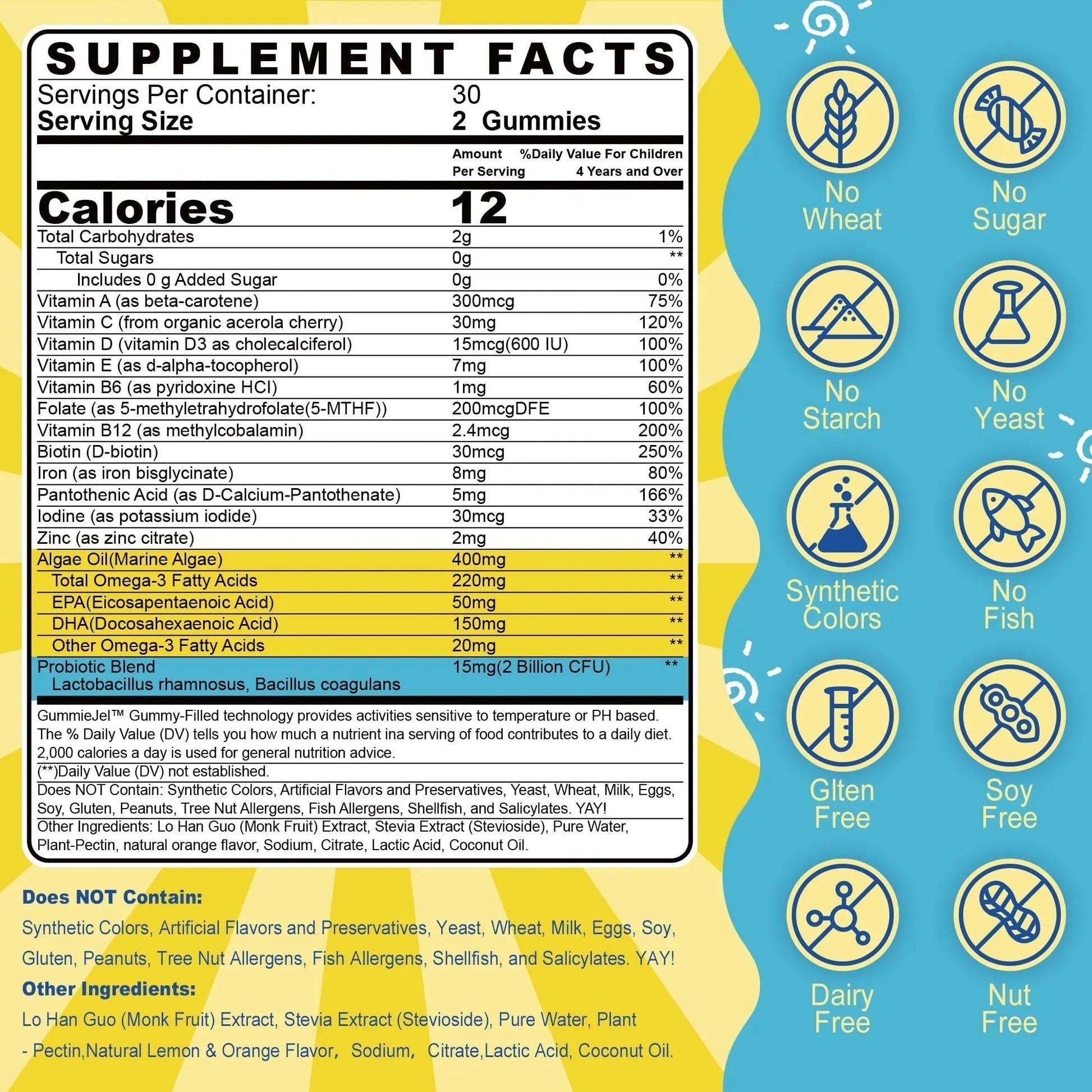 Kids Multivitamin Gummies with Iron, Sugar Free, Kids Daily Vitamins + Probiotics, Algae Omega 3 (EPA/DHA), A, C, D, Methyl B12, Folate, B6, Zinc, Biotin NextdiaAu supplements