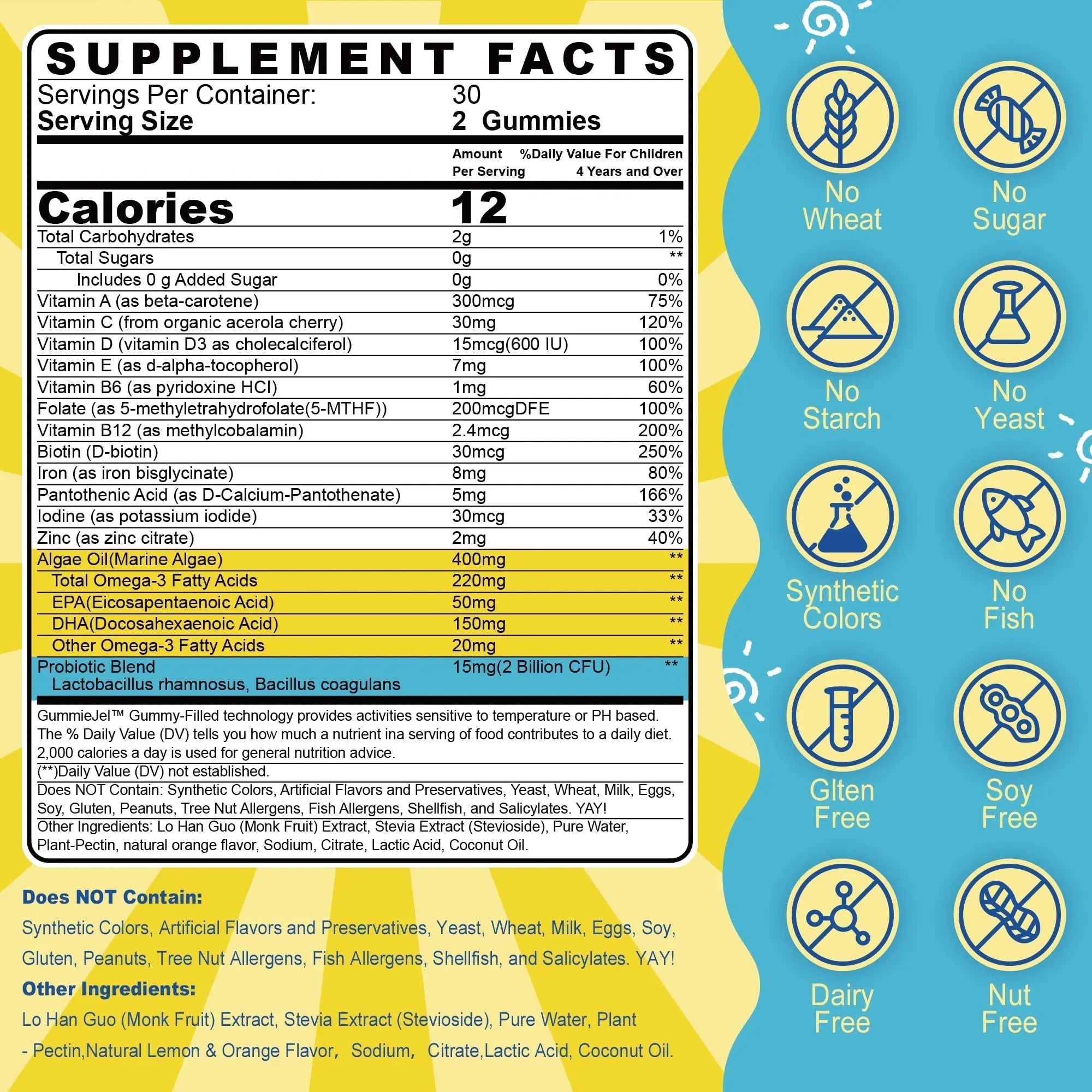 Kids Multivitamin Gummies with Iron, Sugar Free, Kids Daily Vitamins + Probiotics, Algae Omega 3 (EPA/DHA), A, C, D, Methyl B12, Folate, B6, Zinc, Biotin NextdiaAu supplements