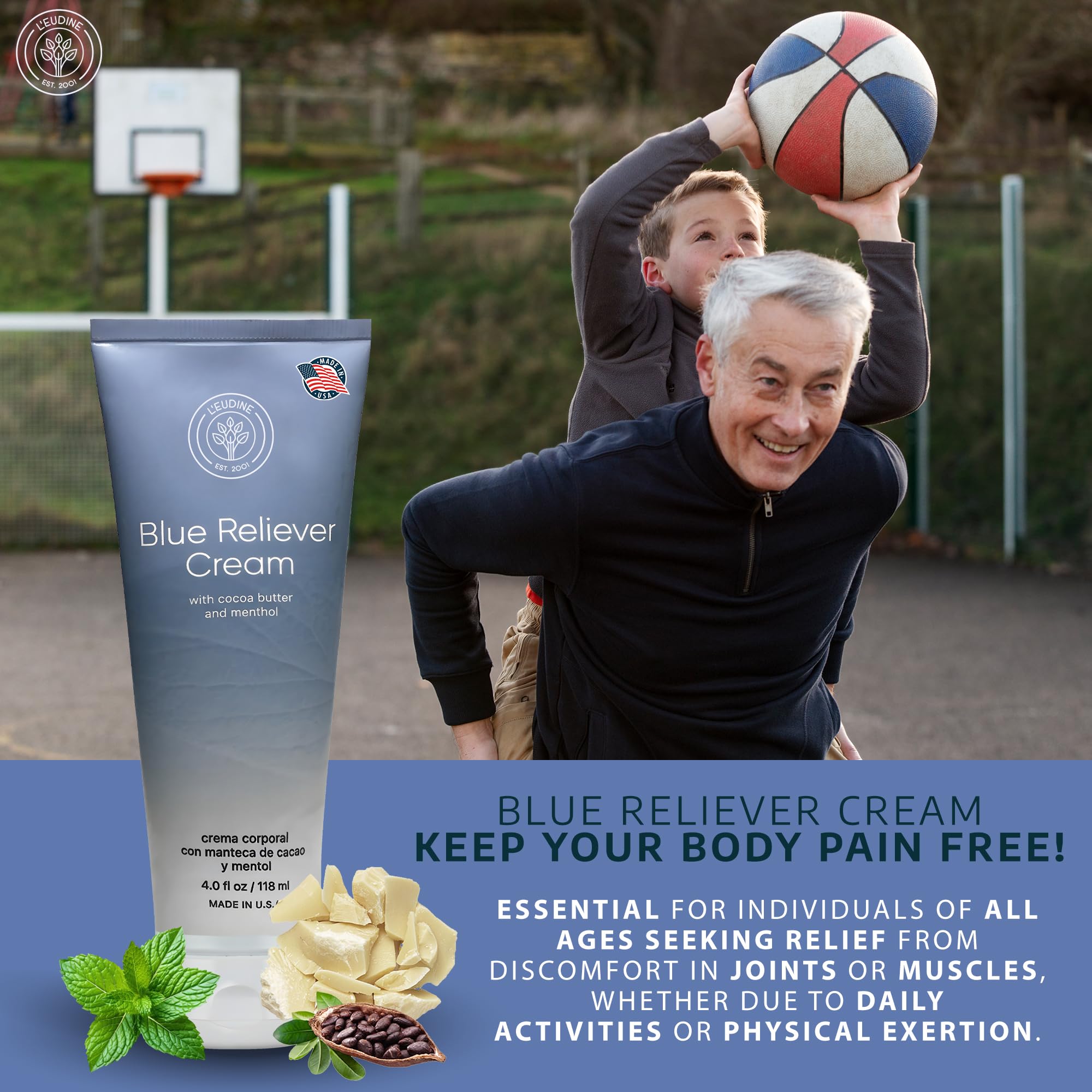L'EUDINE Blue Reliever Cream – Joint and Muscle Therapy, Body Cream with Cocoa Butter and Menthol L'eudineAu supplements