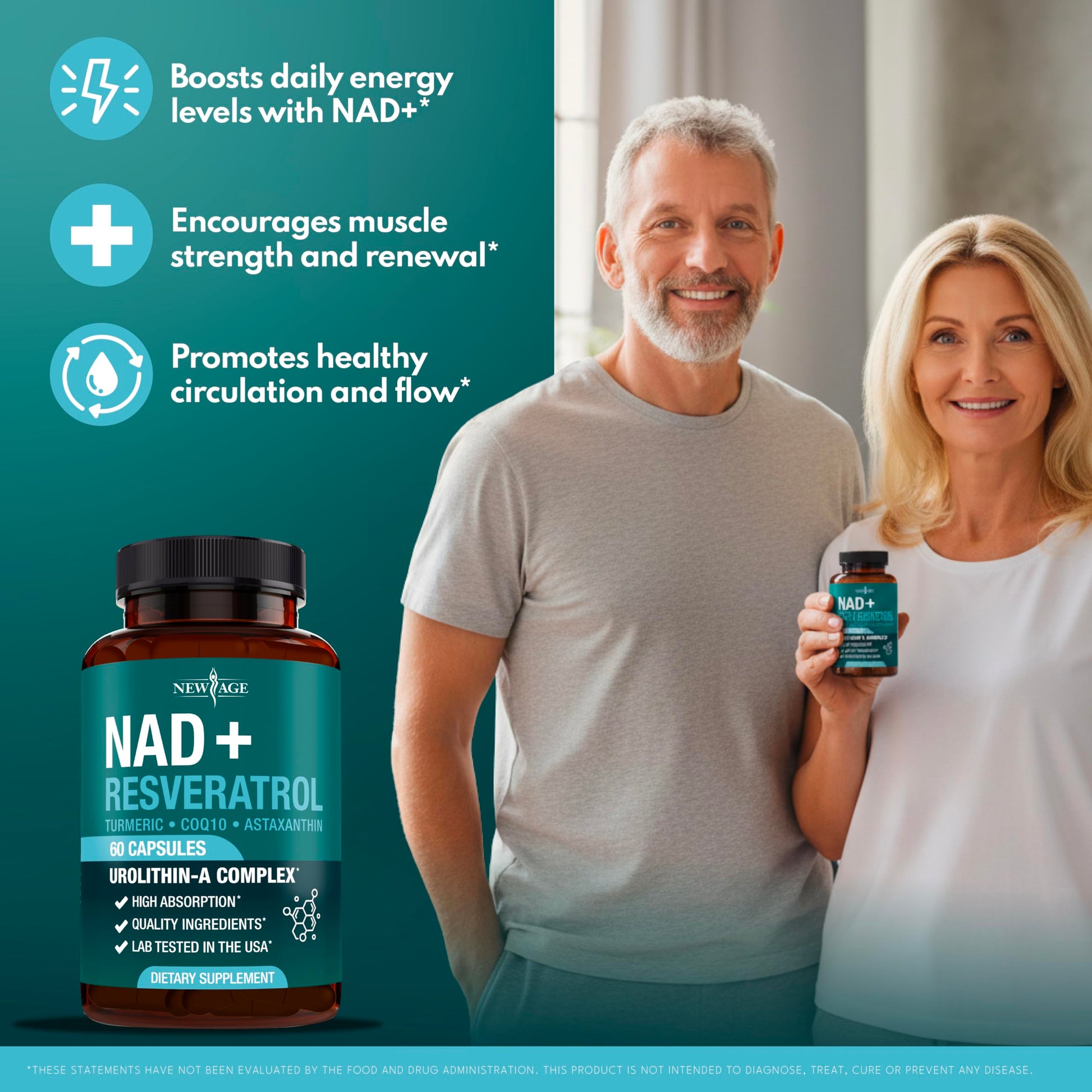 NEW AGE NAD+ Supplement Complex – NAD+ 300 mg with Astaxanthin, Urolithin A, Resveratrol, CoQ10 & Antioxidant Blend – Cellular Energy, Support or Women & Men – Vegan, Non-GMO- 120 Count NEW AGEAu supplements