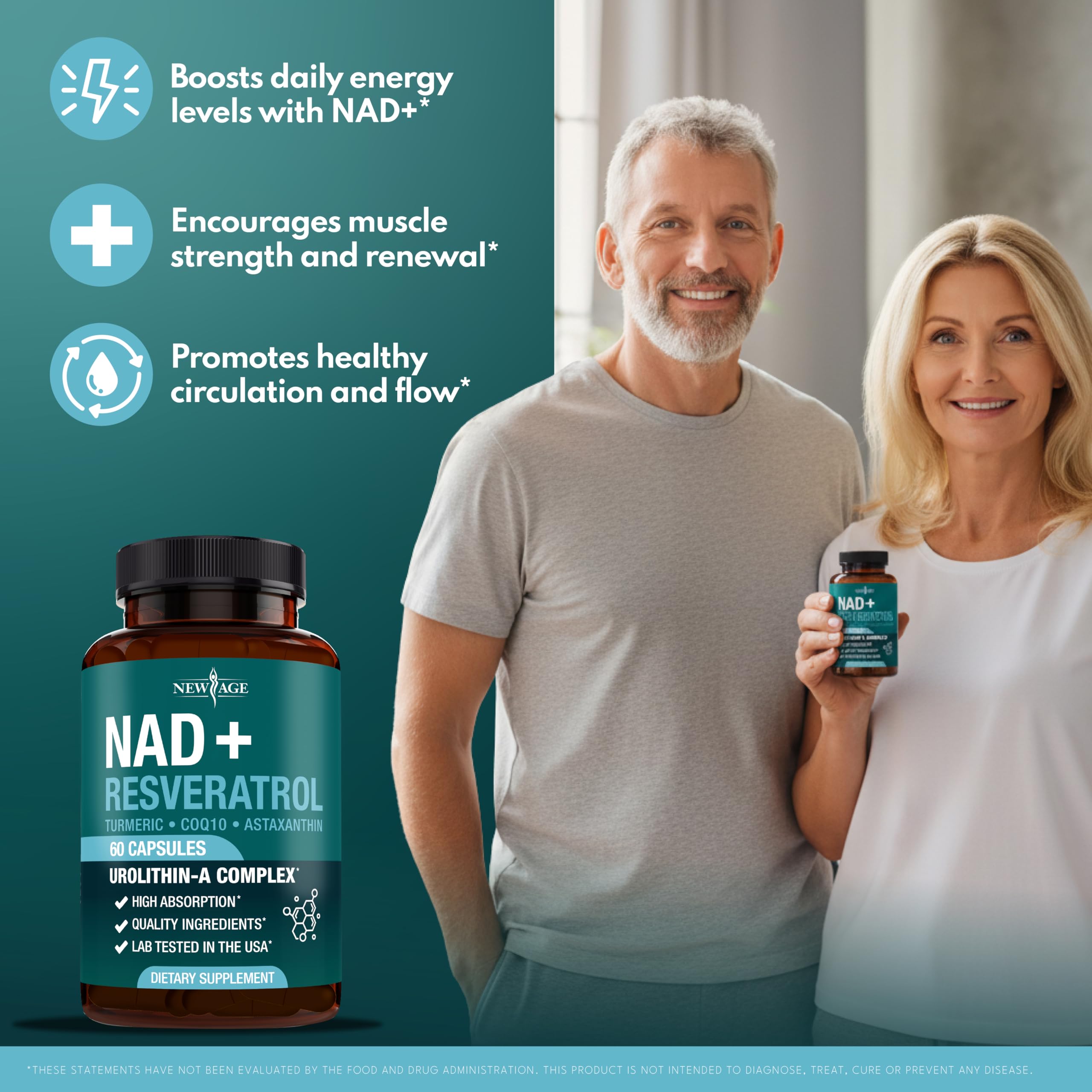 NEW AGE NAD+ Supplement Complex – NAD+ 300 mg with Astaxanthin, Urolithin A, Resveratrol, CoQ10 & Antioxidant Blend – Cellular Energy, Support or Women & Men – Vegan, Non-GMO- 120 Count NEW AGEAu supplements