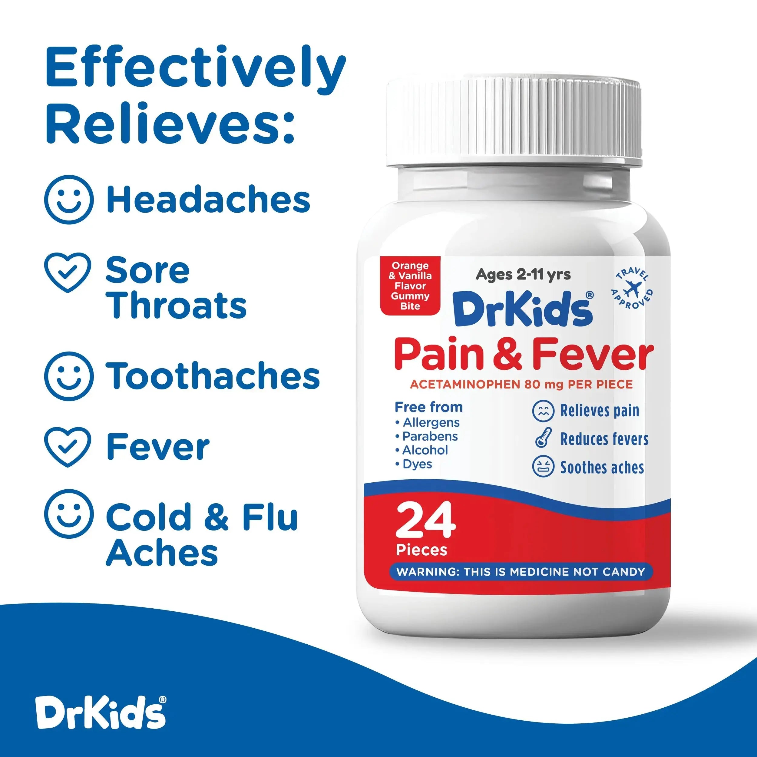 Dr. Kids Children’s Pain and Fever Gummy Bite - Chewable Acetaminophen for Kids Ages 2-11, Pre-Measured Soft Chews for Headache, Sore Throat, Cold and Flu, Orange Vanilla Flavor, 24 Count Dr. KidsAu supplements