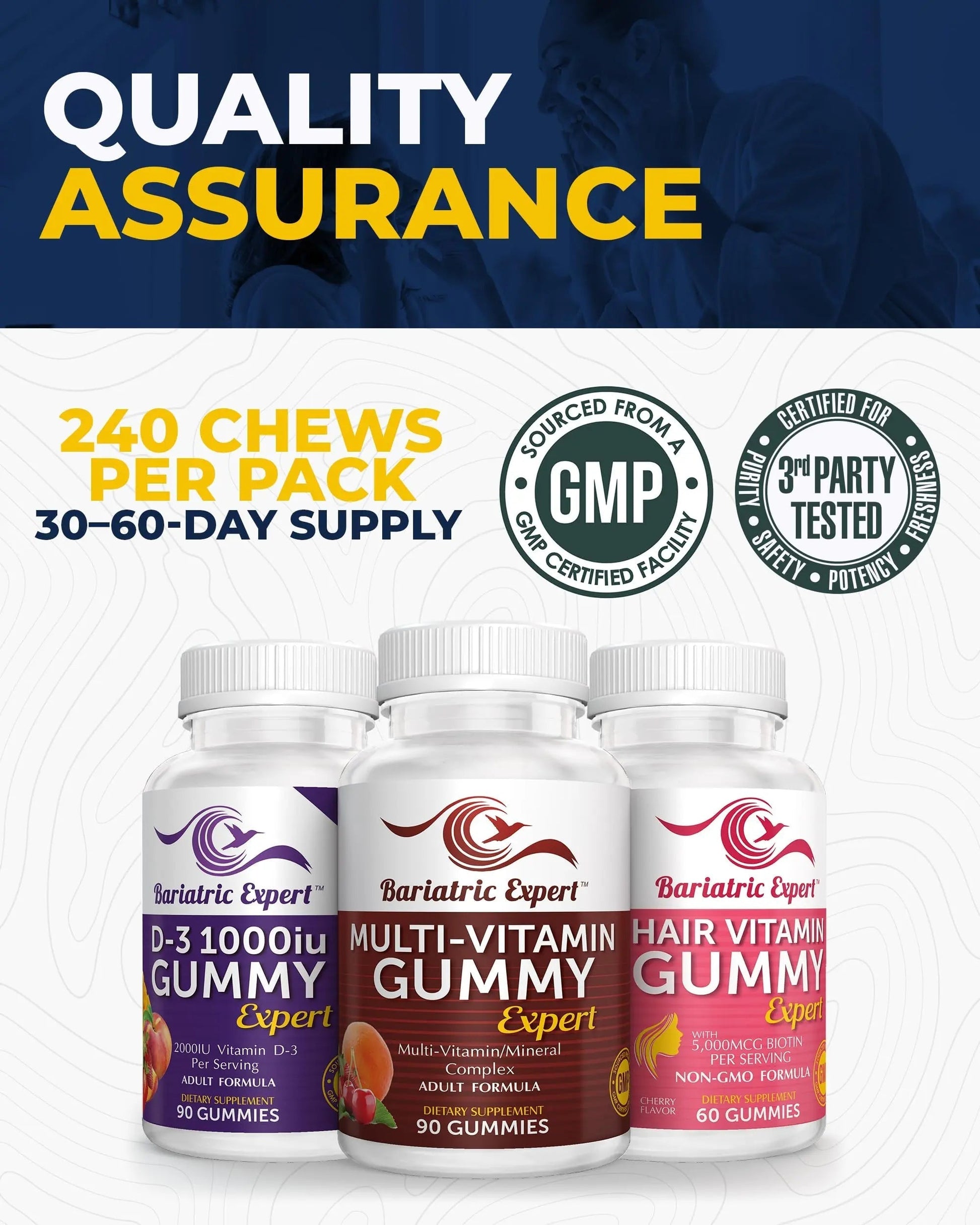 Bariatric Multivitamin 3 Pack, Multivitamin Gummy 90 Chews. - D3 Gummies 90 Chew - Hair Vitamin Gummy 60 Chews. Bariatric Food ExpertAu supplements