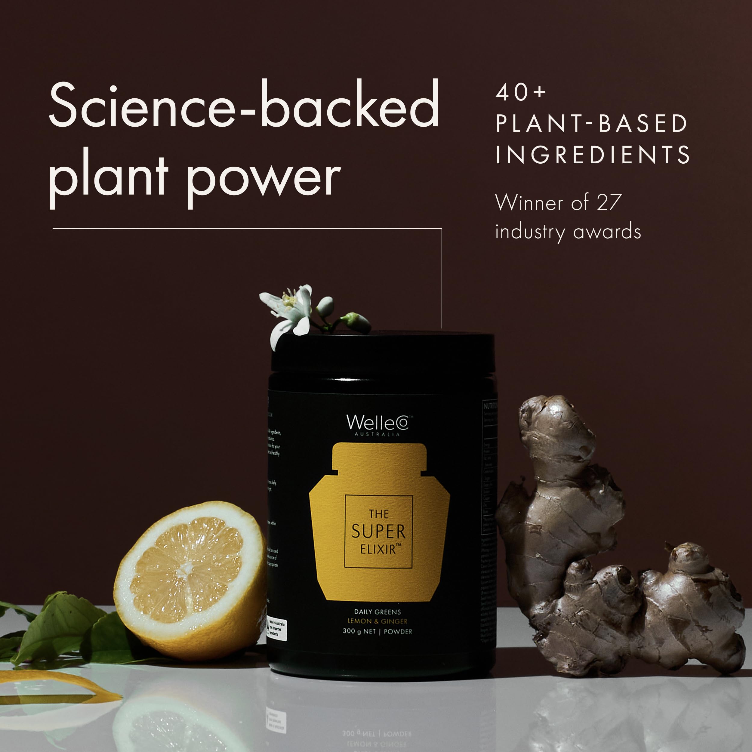 WelleCo The Super Elixir Daily Greens Powder, Probiotic Drink Mix with Whole Foods, Gluten Free, Vegan Gut Health Powder, Energy, Immunity, Healthy Skin, Hair & Nails (300g, Lemon Ginger) WelleCoAu supplements