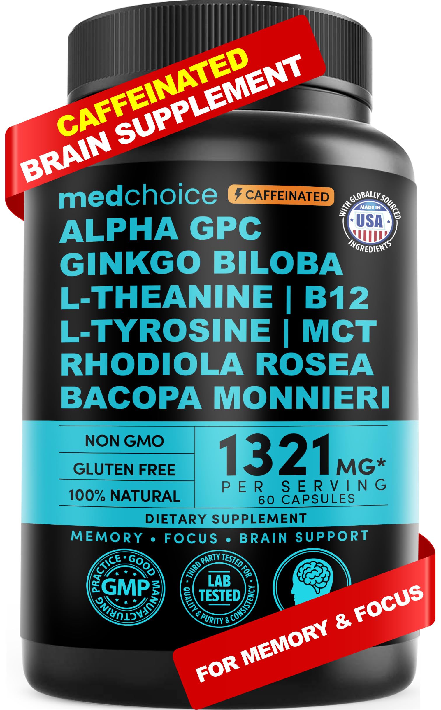 12-in-1 Nootropic Brain Supplement with Caffeine Anhydrous: Ginkgo Biloba for Brain Support, Memory and Focus - B12, Alpha GPC, L Theanine and Choline Supplements with Bioperine with 1321mg (60ct) MEDCHOICEAu supplements