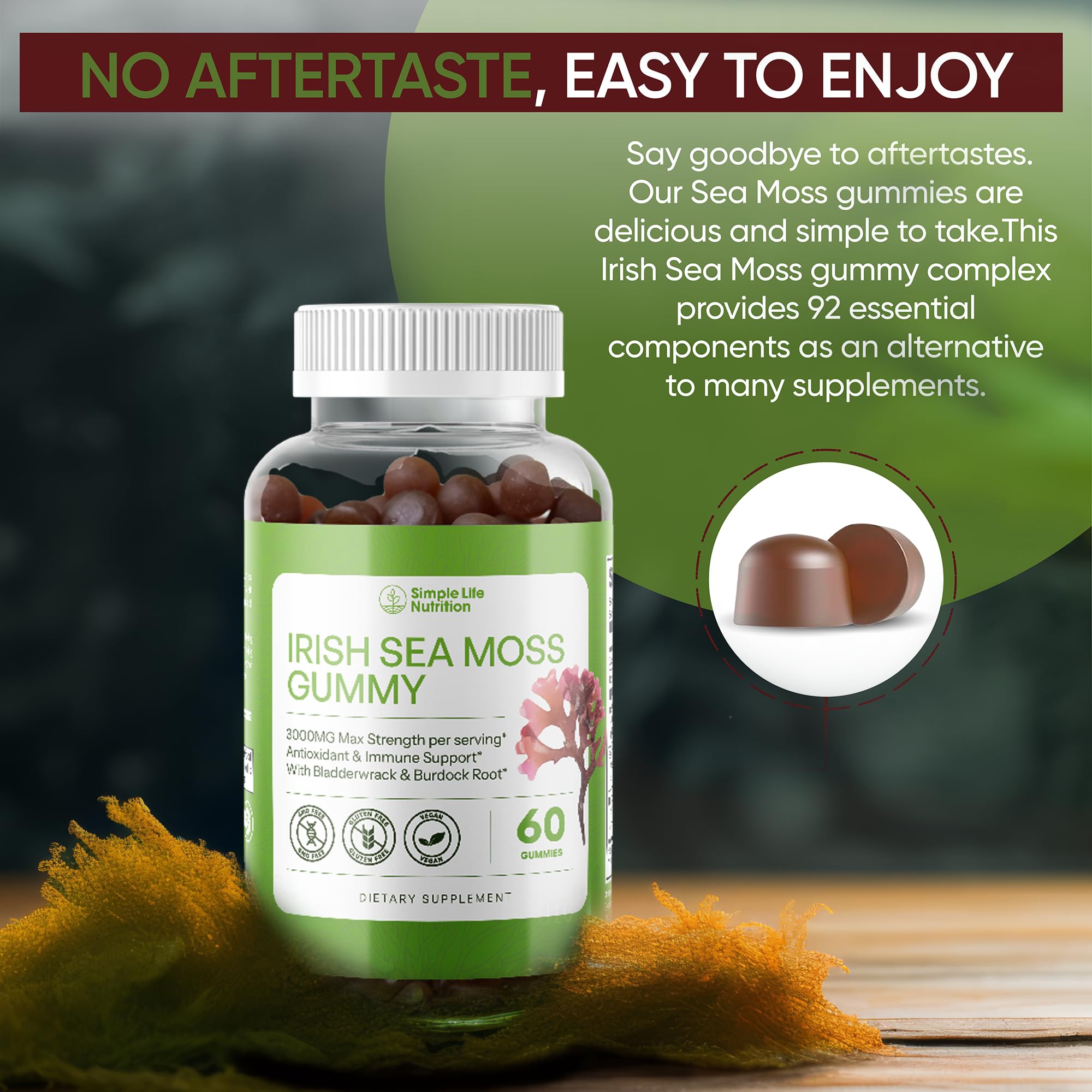 Simple Life Nutrition Organic Irish Sea Moss Gummies - Burdock Root and Bladderwrack Natural Blend - Immune System Gut Cleanse & Thyroid Supplement - Skin and Nail Health - 60CT Simple Life NutritionAu supplements