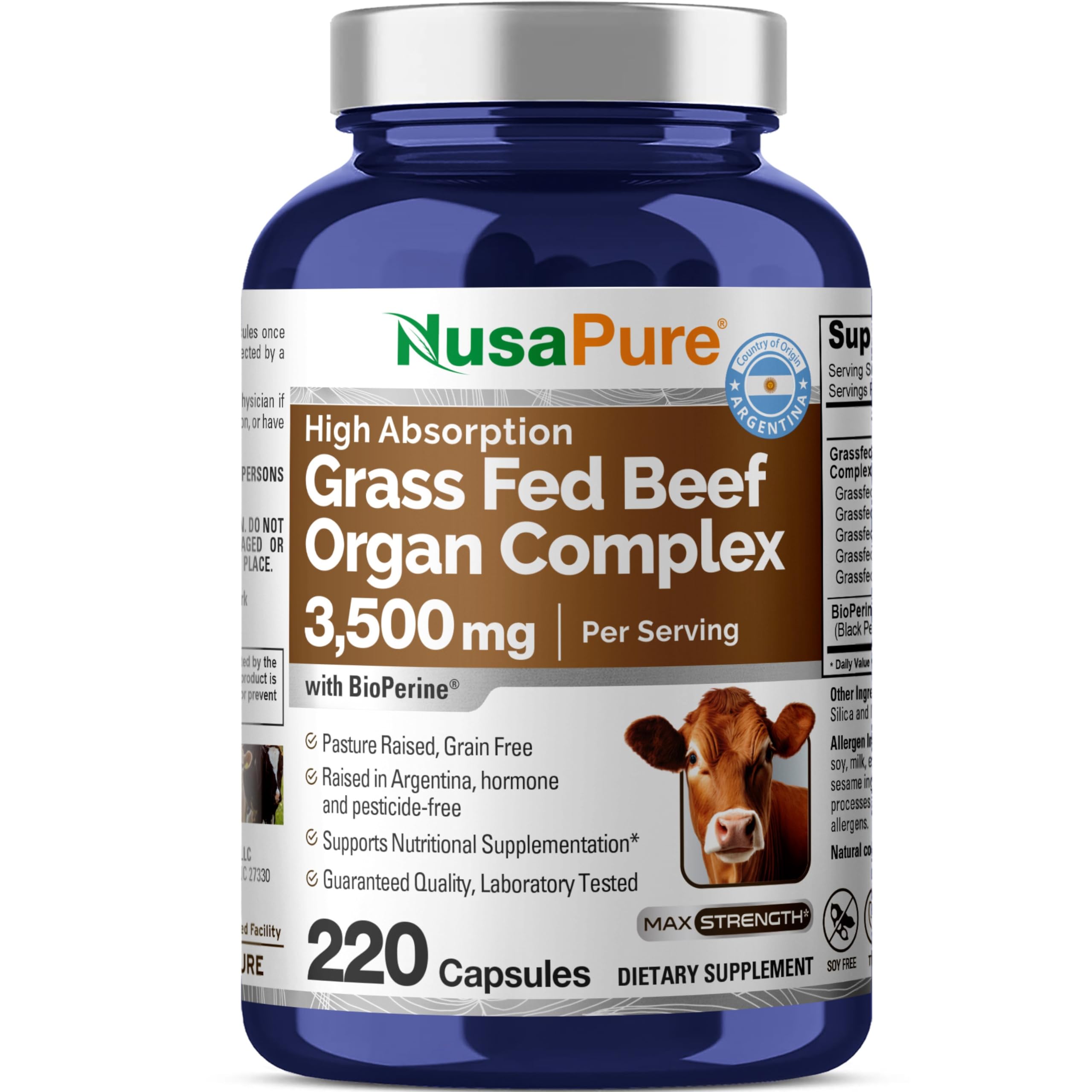 NusaPure Grass Fed Beef Organ Complex | 220 Capsules | Pasture Raised | with Desiccated Liver, Kidney, Pancreas, Heart, Spleen | Soyfree Non-GMO, Bioperine NusaPureAu supplements
