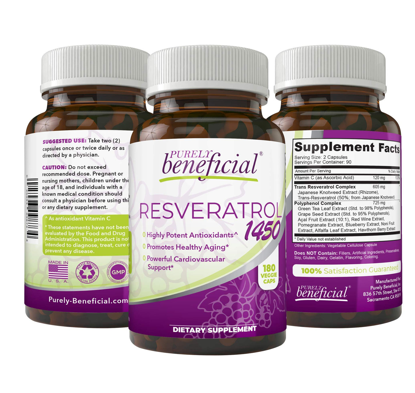 PURELY beneficial RESVERATROL1450-90day Supply, 1450mg per Serving of Potent Antioxidants PURELY beneficialUS supplements