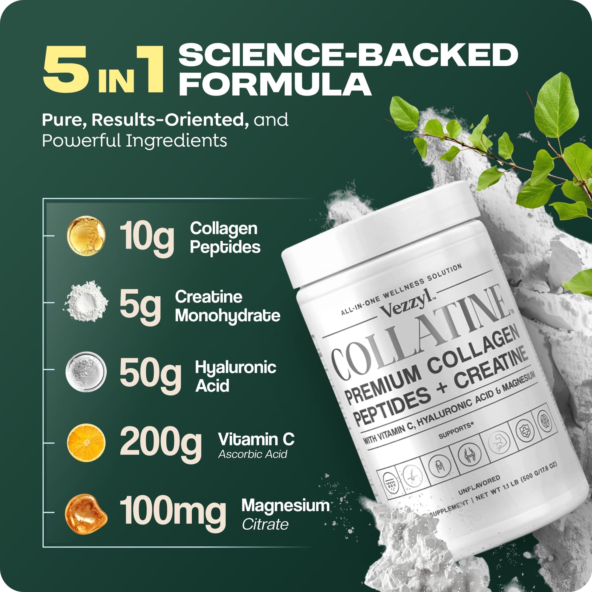 Vezzyl - Collatine - Premium Collagen Peptides + Creatine with Vitamin C, Hyaluronic Acid and Magnesium for Skin, Hair, Nails, Bone & Joint, Muscle, Immune and Cognitive Aid (.55 LB (250 G/8.8 OZ) VezzylAu supplements