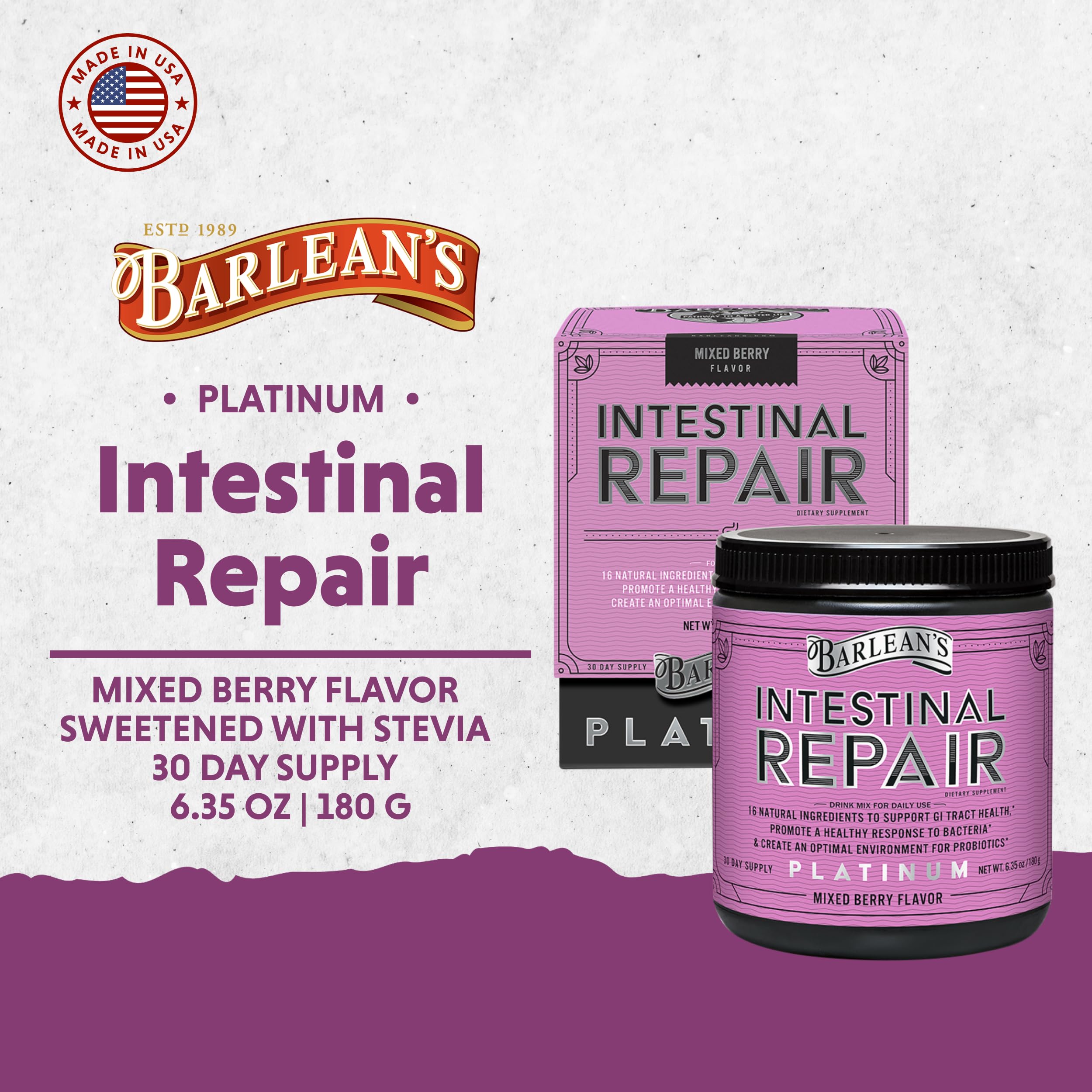 Barlean's Gut Health Powder, Intestinal Repair Fiber and Digestive Support Blend for Men and Women, Mixed Berry Drink Mix, 6.35 oz Barlean'sAu supplements
