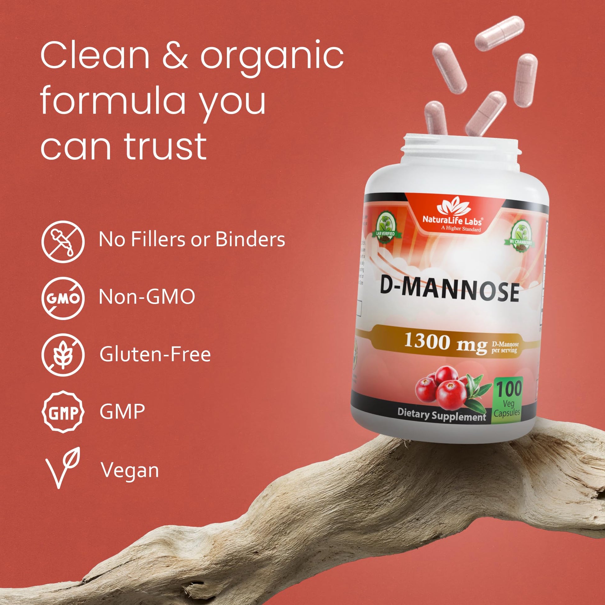 NaturaLife Labs Organic D-Mannose 1300 mg with Organic Cranberry Extract 100 mg per Serving – 100 Capsules – Non-GMO, Gluten-Free, Vegan NaturaLife LabsAu supplements