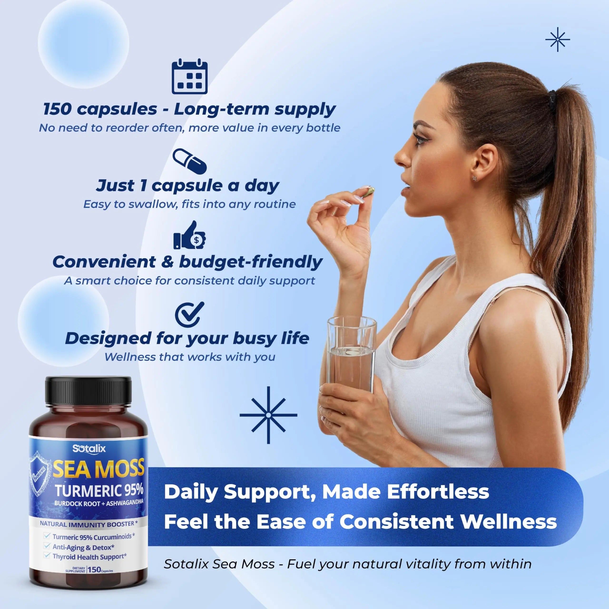 Sotalix Sea Moss Capsule with Ashwagandha, Burdock Root, Bladderwrack, Turmeric - Powerful Natural Immunity Booster (150 Count (Pack of 1)) SOTALIX SUPPLEMENTnz supplements