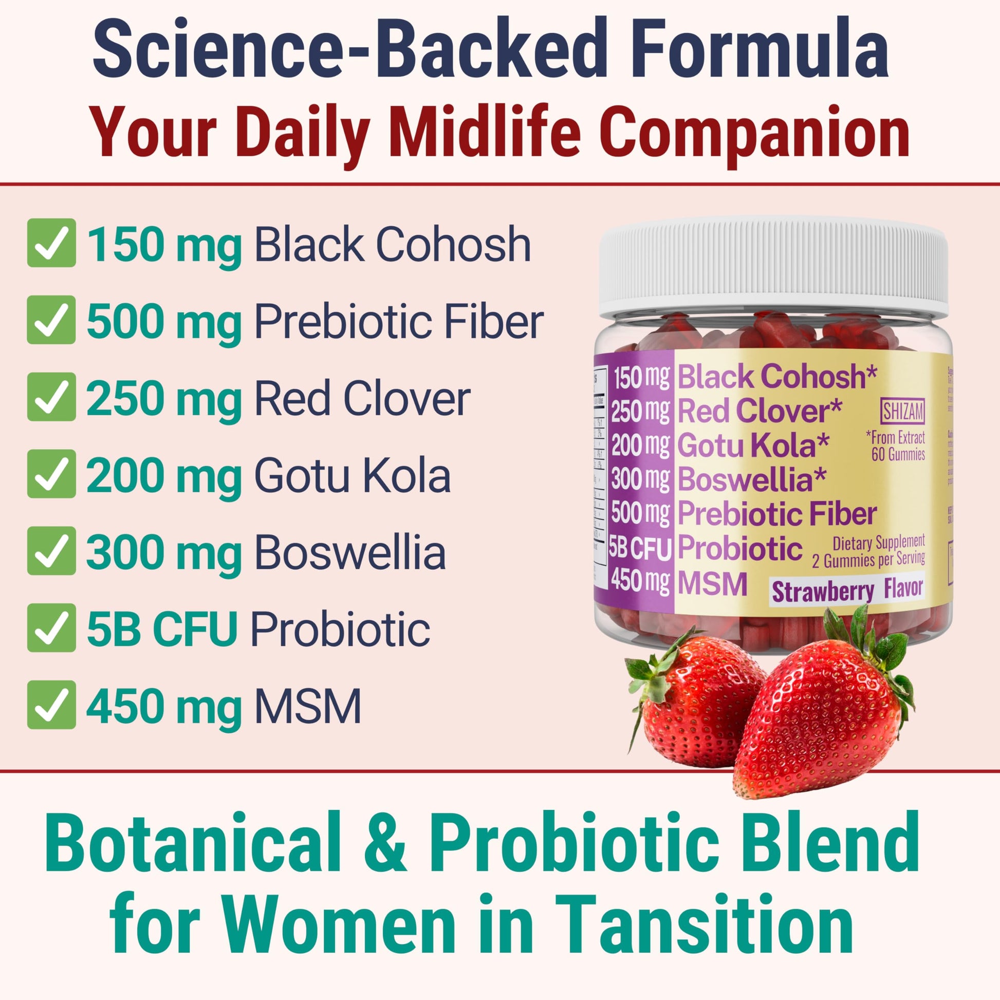 Boswellia Serrata Black Cohosh Gotu Kola Red Clover Extract Complex Gummies w. Probiotic Fiber (Chicory Root Inulin) MSM Methylsulfonylmethane, Supplement Alt for Organic Powder Capsules Tincture SHIZAMAu supplements