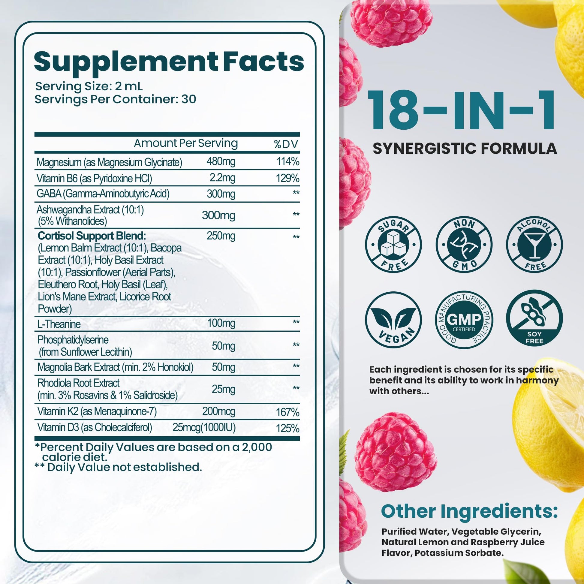 Cortisol Supplements for Women & Men, 18 in 1 Stress & Mood Support Drops with Magnesium 480mg, GABA, Ashwagandha, L-Theanine & Phosphatidylserine, for Relaxation & Sleep, Lemon Raspberry Flavor 60mL RylaxedAu supplements