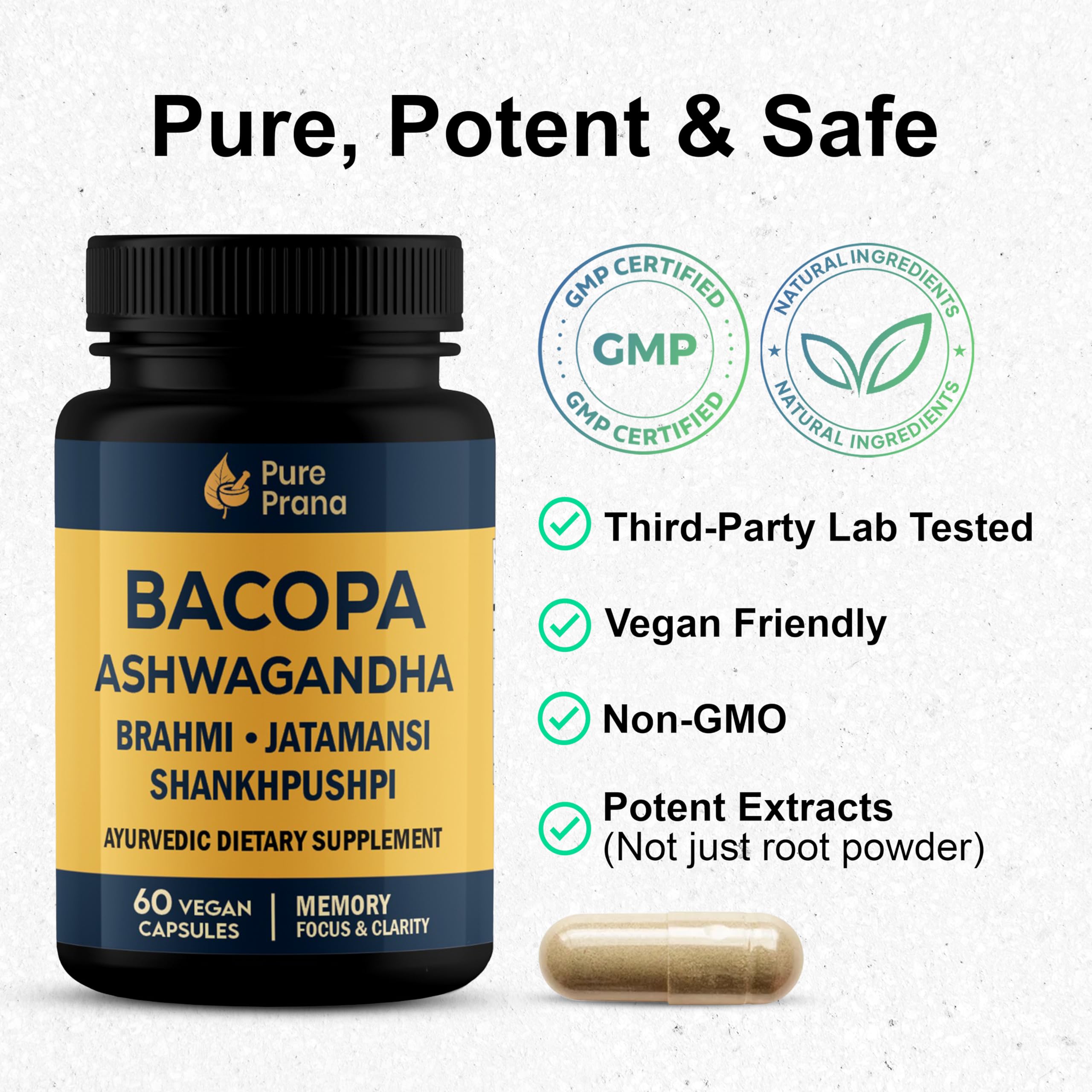 Pure Prana Ayurvedic Brain Supplement Capsules with Brahmi, Ashwagandha & Gotu Kola - Plant-Based Nootropic Cognitive Wellness Formula for Daily Focus - Vegan Clarity for Men Women - 60 Capsules Pure PranaAu supplements