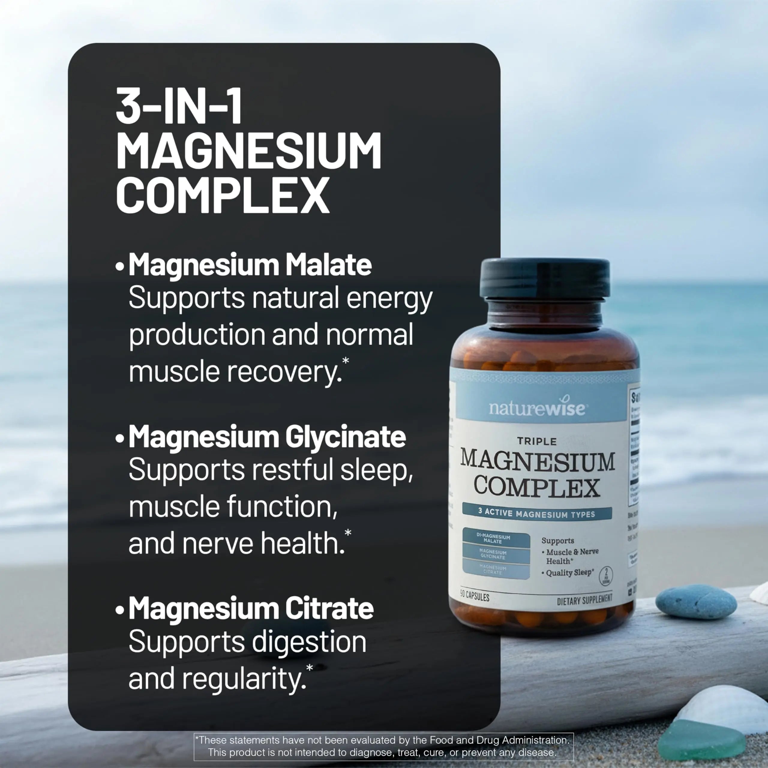 NatureWise Triple Magnesium Complex - High Absorption Magnesium Glycinate + Malate + Citrate for Muscle Nerve & Sleep Support - Vegan 90 Capsules NatureWisenz supplements