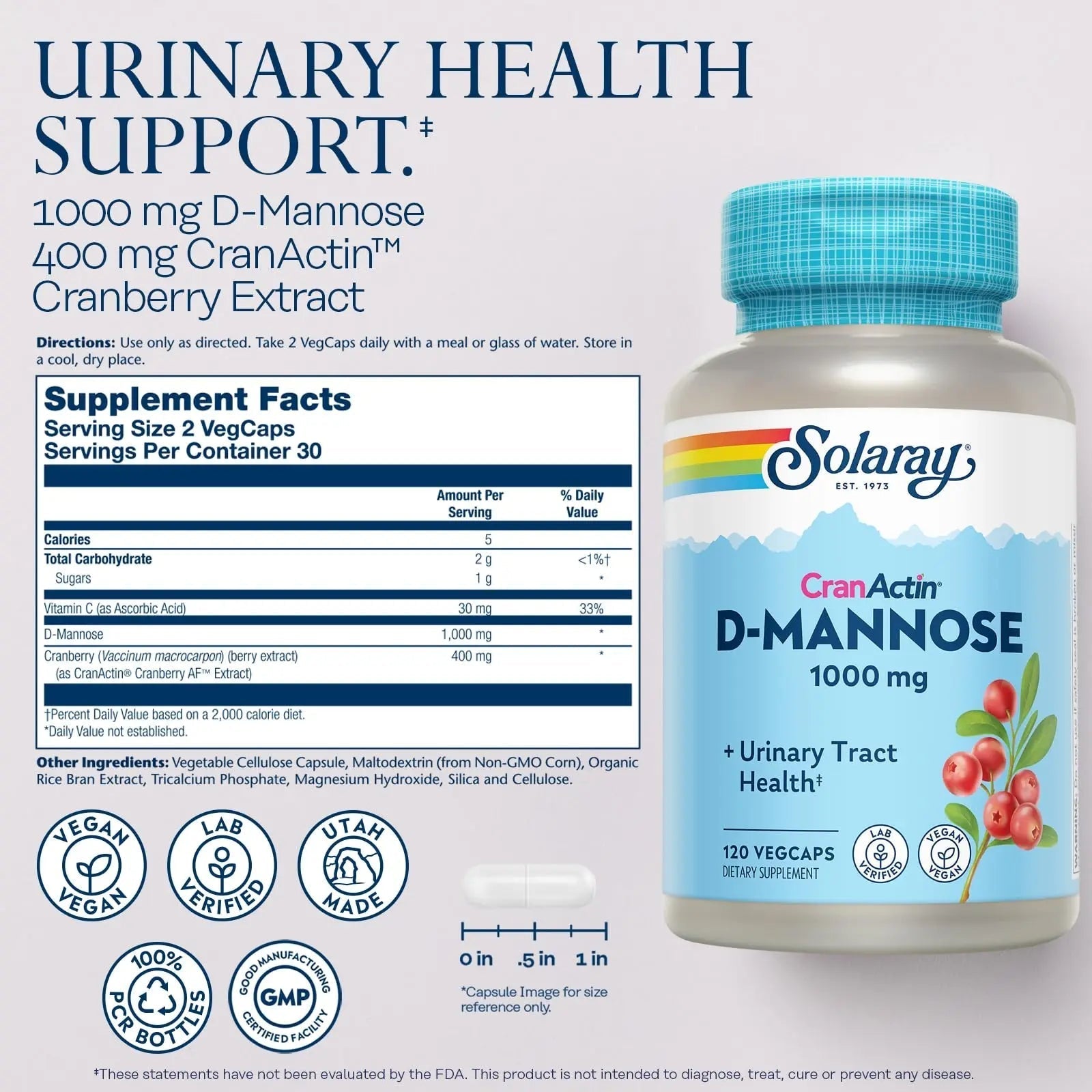 SOLARAY D-Mannose 1000mg with CranActin Cranberry Supplement 400mg, Urinary Tract Health & Bladder Support Capsules with Vitamin C, Vegan, 60 Day Guarantee, 60 Servings, 120 VegCaps (120 CT) SOLARAYAu supplements