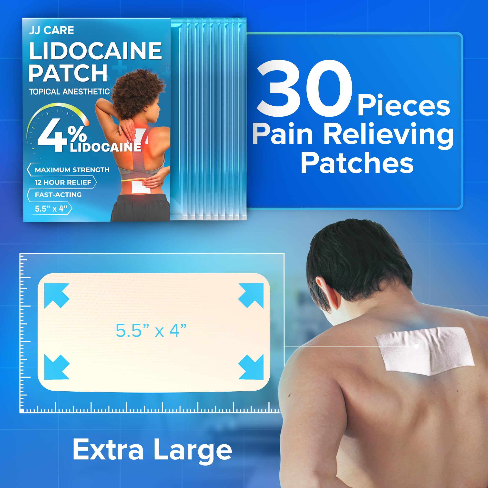 JJ CARE Lidocaine Patches [Pack of 30], 4” x 5.5” Lidocaine 4% Maximum Strength Back Pain Relief Patches for Fast Numbing of Aches, Pains, Back, Neck, Shoulder, Muscle Soreness JJ CAREAu supplements