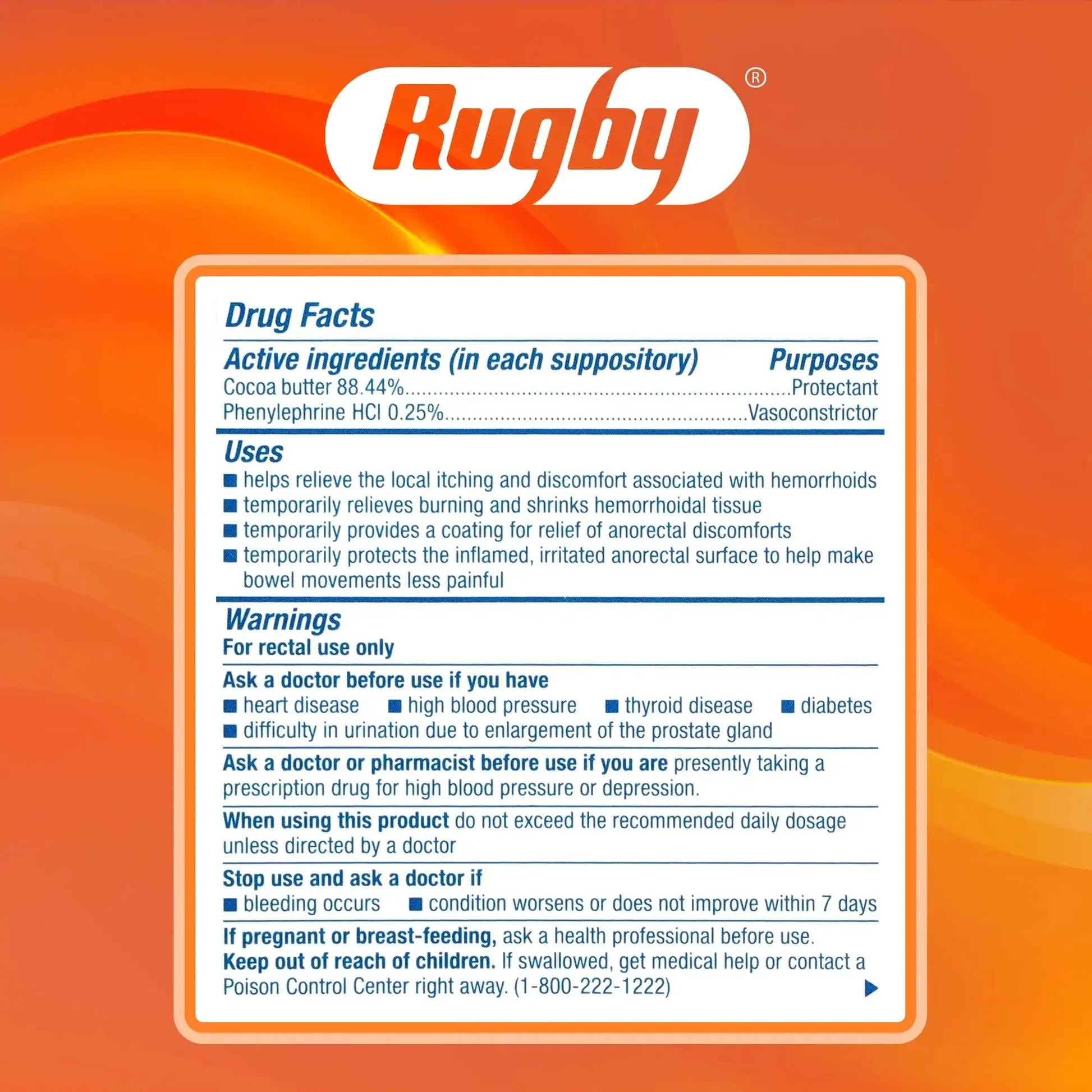 Rugby Hemorrhoidal Suppositories - Soothing and Shrinking Action for Internal Hemorrhoids with Cocoa Butter and Phenylephrine HCl, Easy Open Design - 12 Count RUGBY LABORATORIESAu supplements