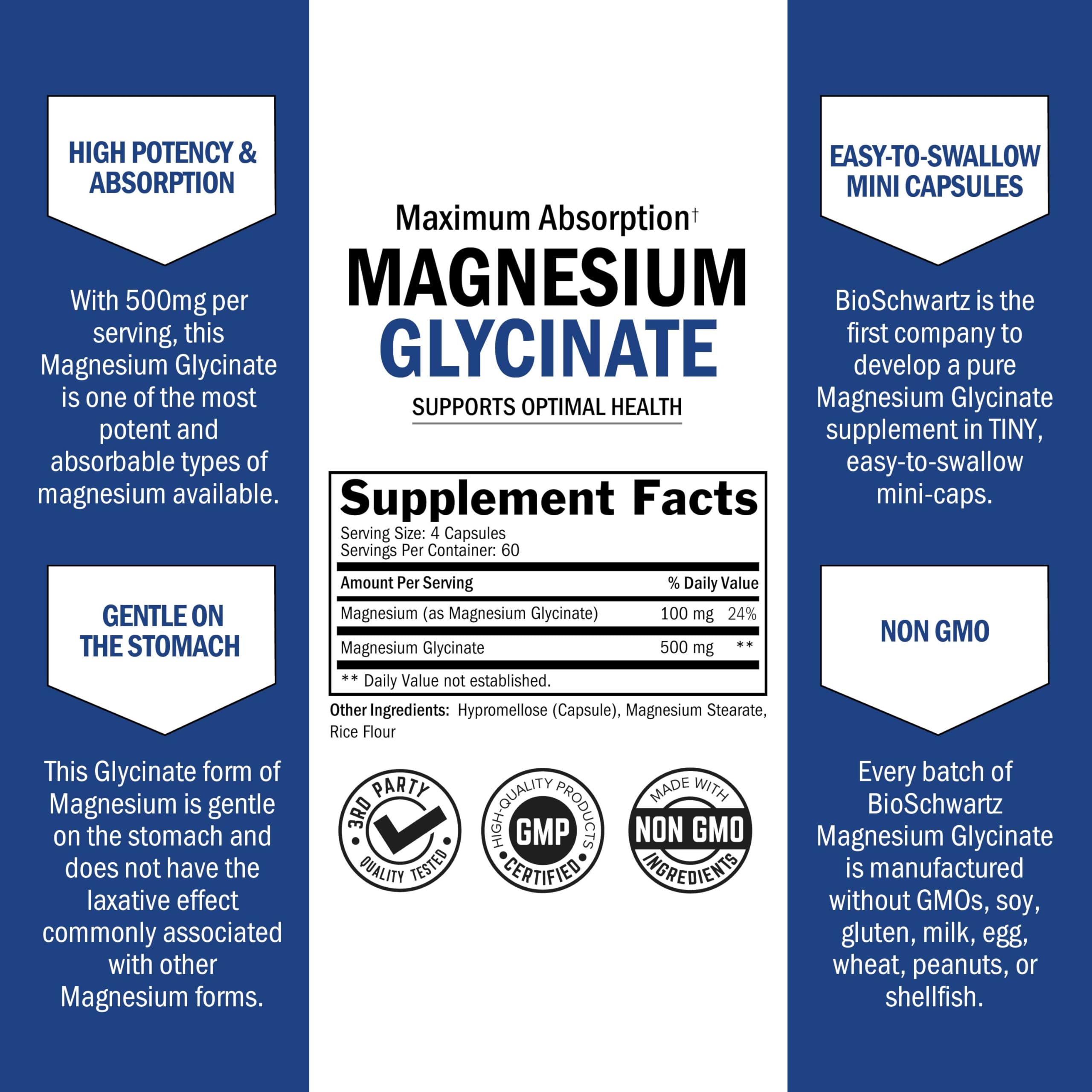 BioSchwartz Magnesium Glycinate 500mg Capsules (240 Mini Caps) Maximum Absorption Magnesium Supplement for Healthy Nerves Muscles Heart Mood and Sleep Support (Vegan, Gluten-Free, Non-GMO) BioSchwartzAu supplements