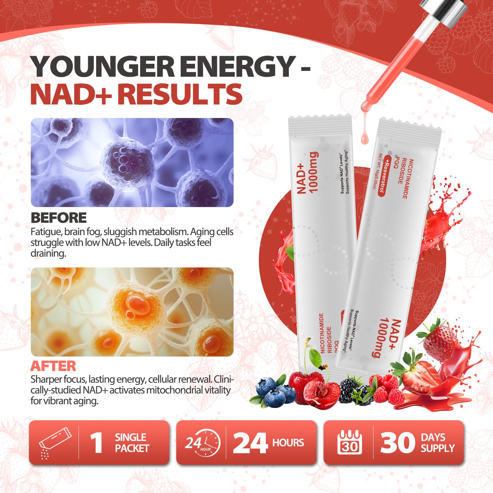 Zooone NAD+ Liquid Supplement 1000mg, Nicotinamide Riboside & Resveratrol, Extra Strength Berry Flavor Drink Mix for Energy, Focus & Anti-Aging -30 Pack ZoooneAu supplements