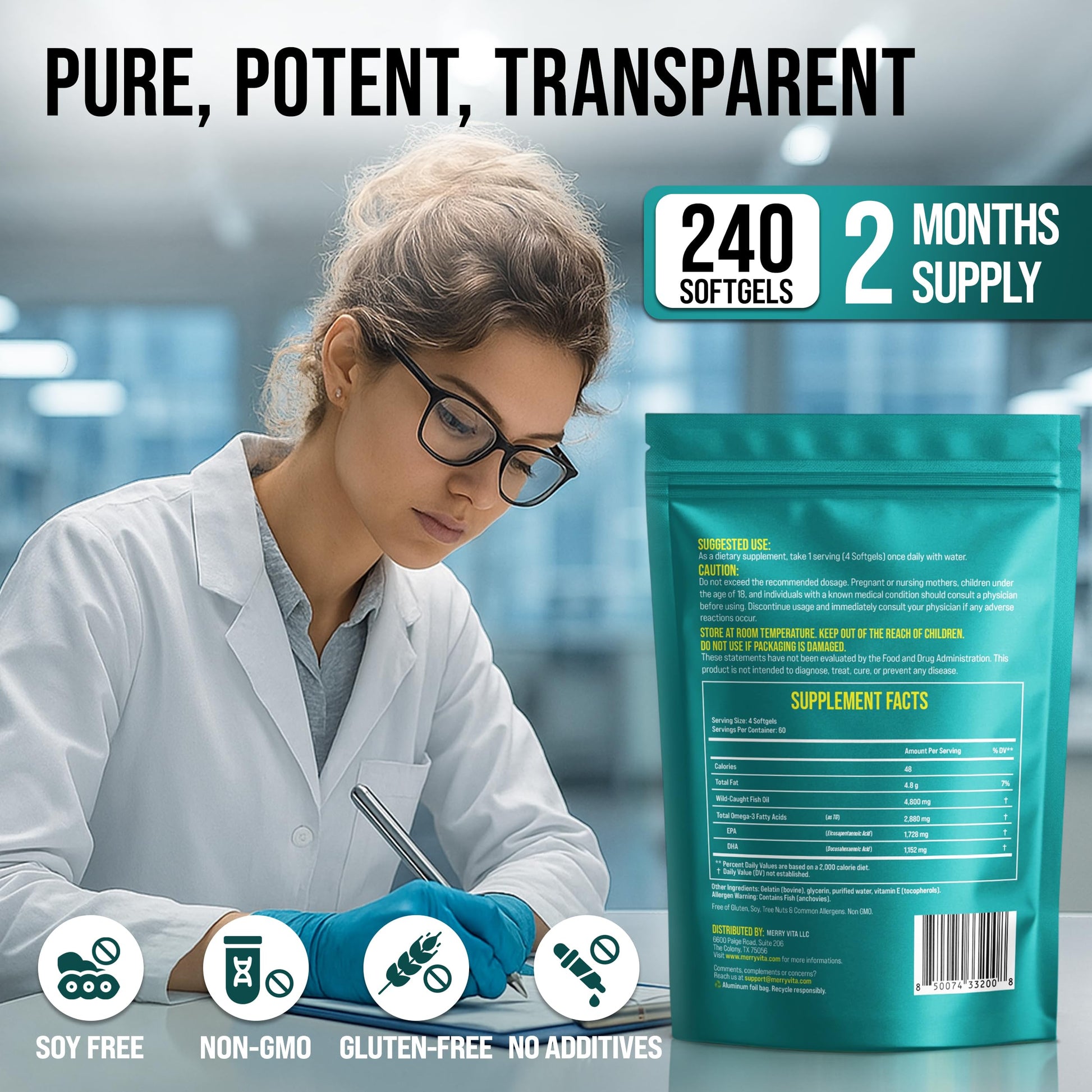 Omega 3 Fish Oil 4800 mg – EPA 1728 mg | DHA 1152 mg from Wild-Caught Anchovies – Burpless Mini Softgels – Pure Omega-3 Fatty Acid Supplement – Non-GMO, Gluten-Free, No Aftertaste – 240 Capsules MERRY VITAAu supplements