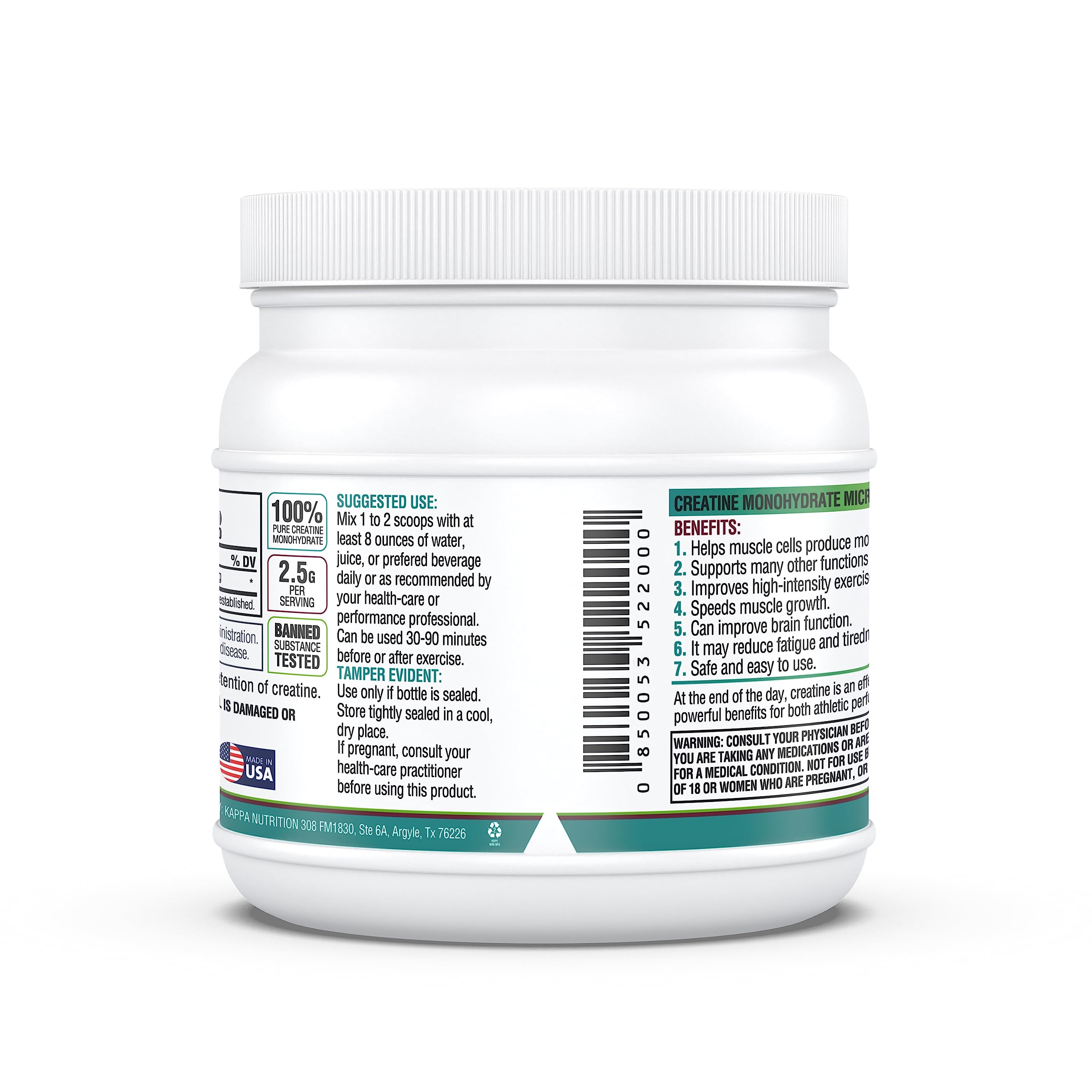 Kappa Nutrition Creatine Monohydrate Powder, Pure Amino Acid Formula, Supports Muscle Strength, Cellular Energy & Mental Focus* Gluten-Free, Keto, 2.25g per Scoop, 240 Servings, Net Wt. 1.32 LB (600g) KAPPA NUTRITIONAu supplements