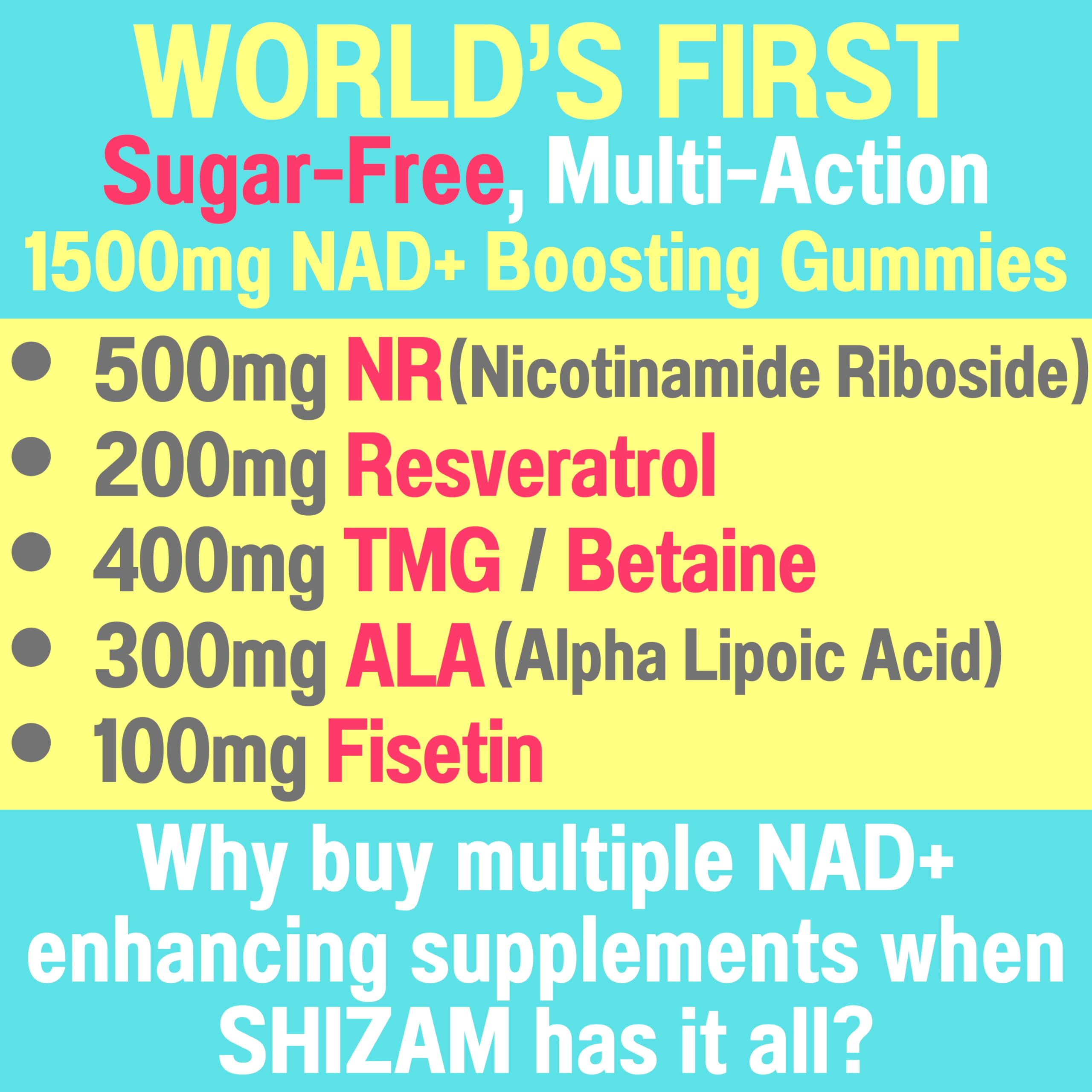 1500mg NAD+ Sugar Free Gummies | NAD + Plus NR TMG ALA Trans-Resveratrol Fisetin Supplements | Nicotinamide Riboside Trimethylglycine Alpha Lipoic Acid Betaine Pills Capsules Tincture Supplement Alt SHIZAMAu supplements