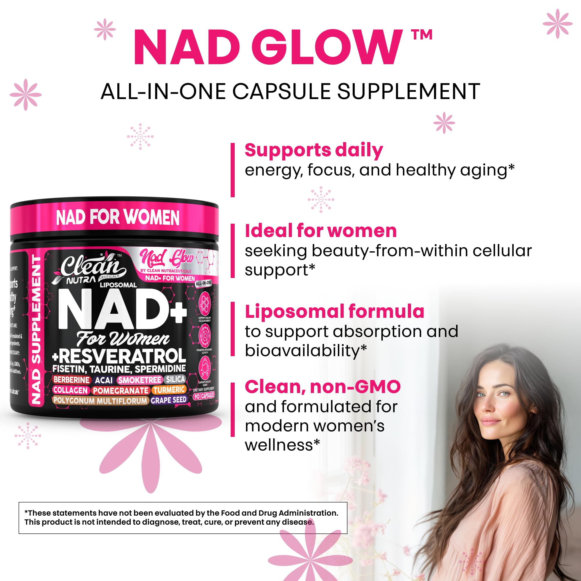 NAD+ Resveratrol Supplement for Women NAD Turmeric Vitamin C Acai Pomegranate Collagen Peptides Nicotinamide Riboside Fisetin Vitamin E Polygonum Multiflorum Berberine 90 Capsules by Clean Nutra Clean NutraceuticalsAu supplements